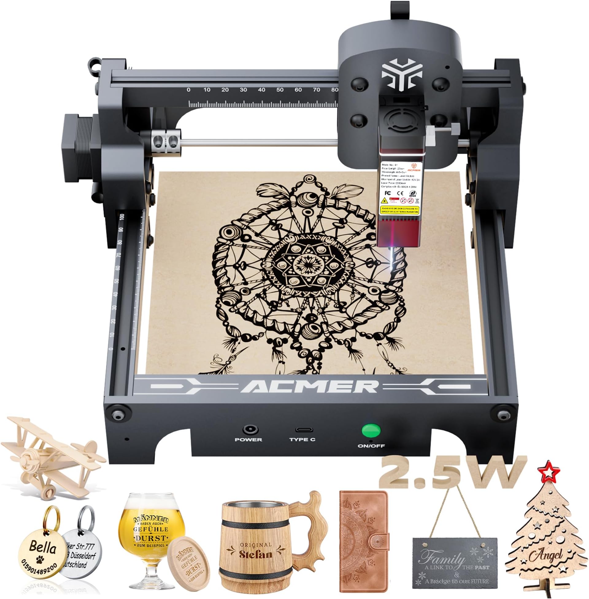 ACMER S1 Laser Engraver,2500mW Engraving Machine for Beginners, 130x130mm Working Area, 0.04mm Precision, Laser Cutter for Wood, Acrylic, Leather, DIY Craft Projects