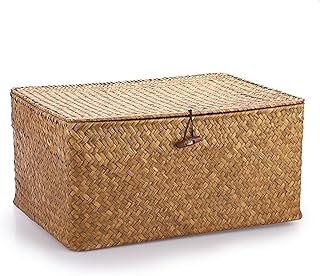 IGNPION Seagrass Storage Basket with Lid Woven Wicker Desktop Basket Rec...