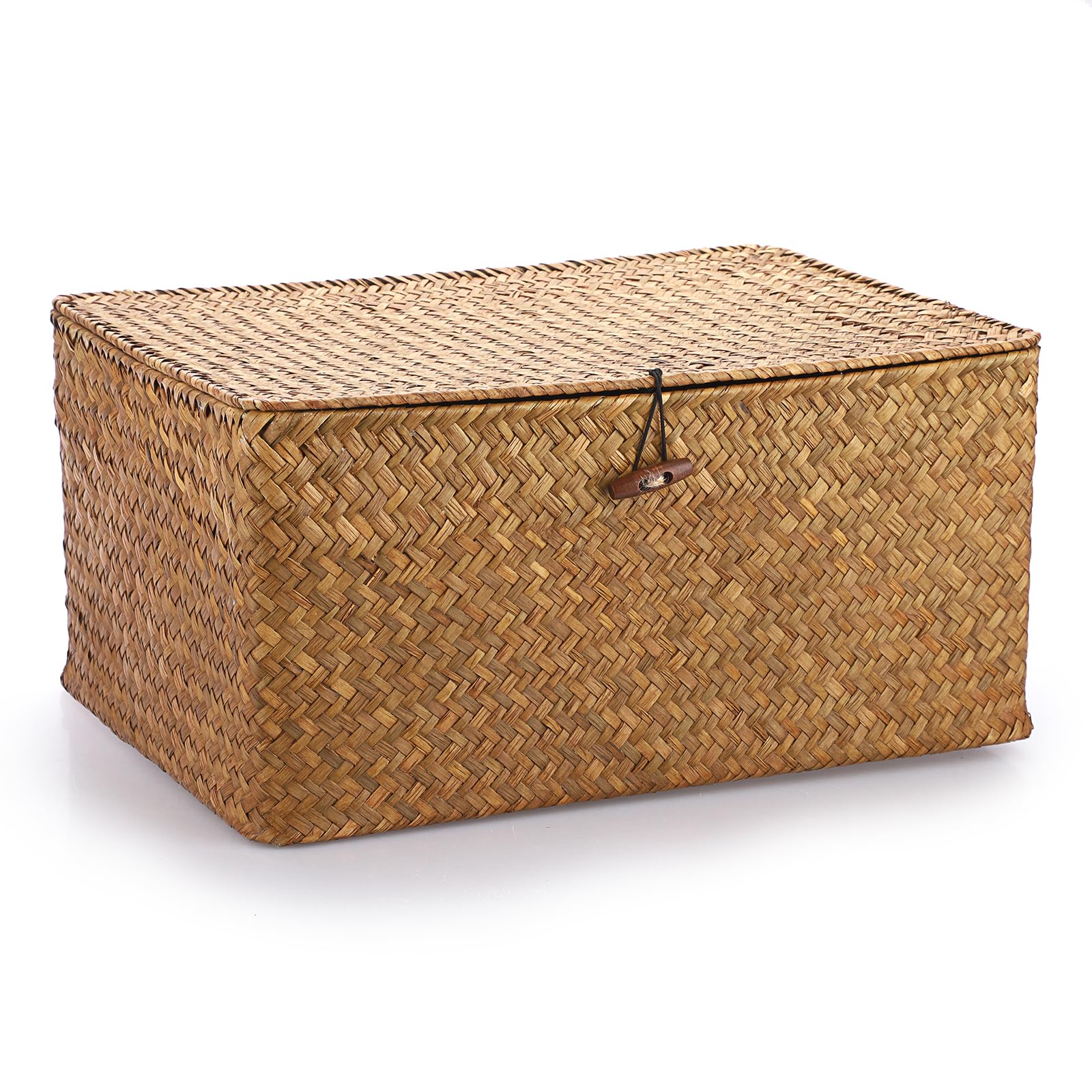 IGNPION Seagrass Storage Basket with Lid Woven Wicker Desktop Basket Rectangular Bathroom Storage Organiser Box, Living Room Decorative Under Shelf Basket Multipurpose Storage Hamper (XL, Caramels)