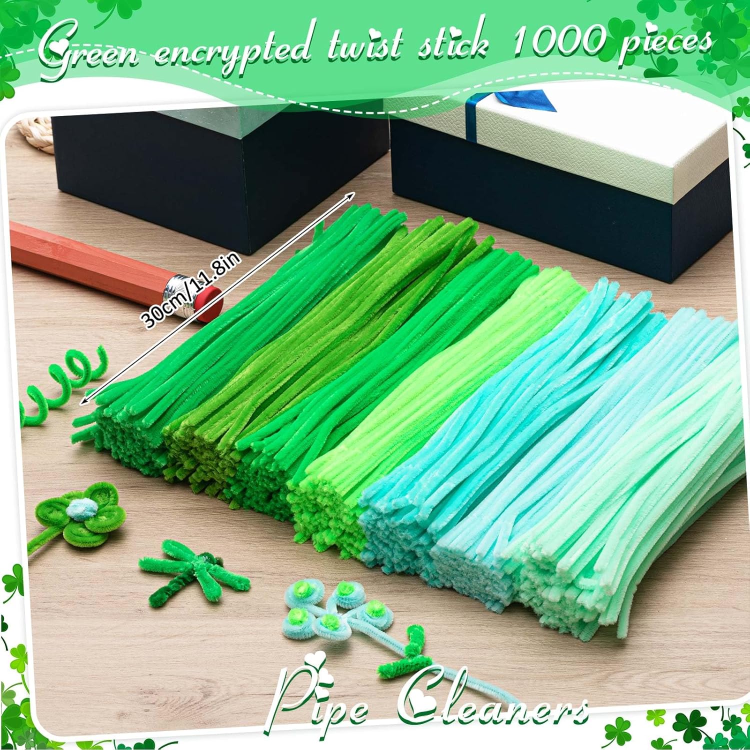 Peryiter 1000 Pieces Green Pipe Cleaners Chenille Stems 12 Inch Craft Supplies Bulk for DIY Art and Craft Projects Creative Gift Wrapping Party Decorations，Irish Day/St. Patrick's Day Gifts