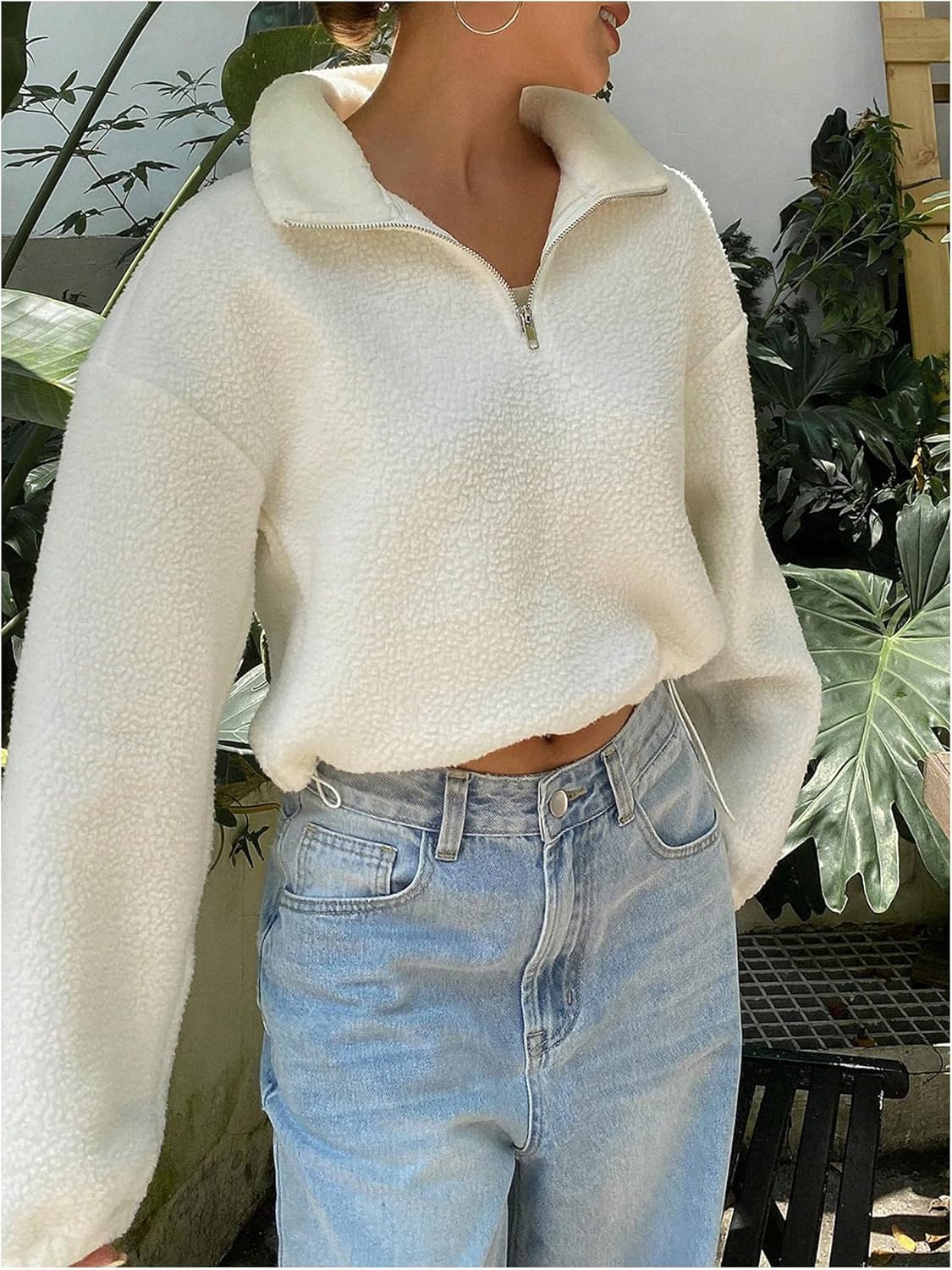 Women's Fleece Sweatshirt Half Zip Crop Tops Long Sleeve Drop Shoulder Pullover Tops - Image 2