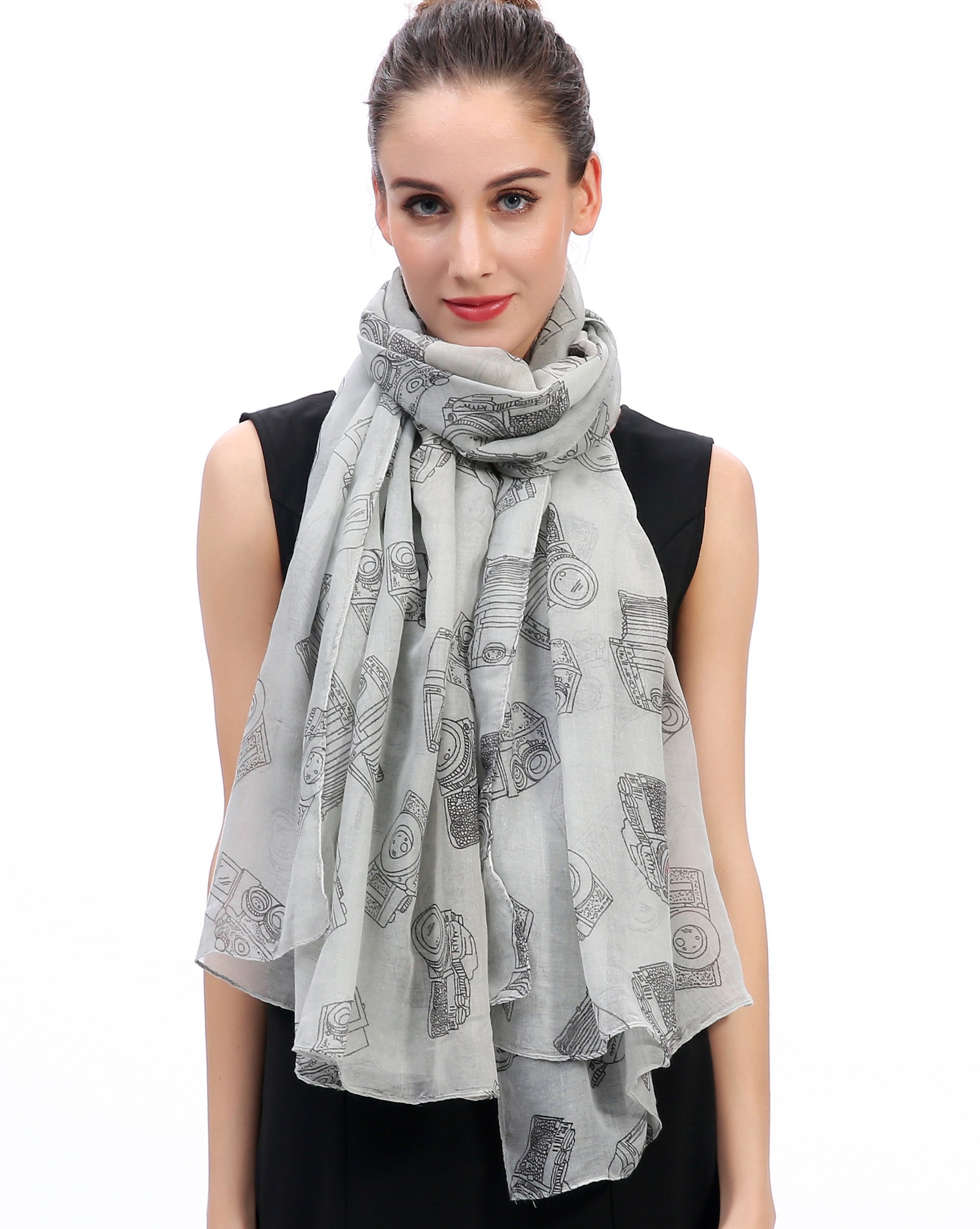 Lina & Lily Vintage Camera Print Women's Scarf Shawl Wrap Lightweight (Light Grey)