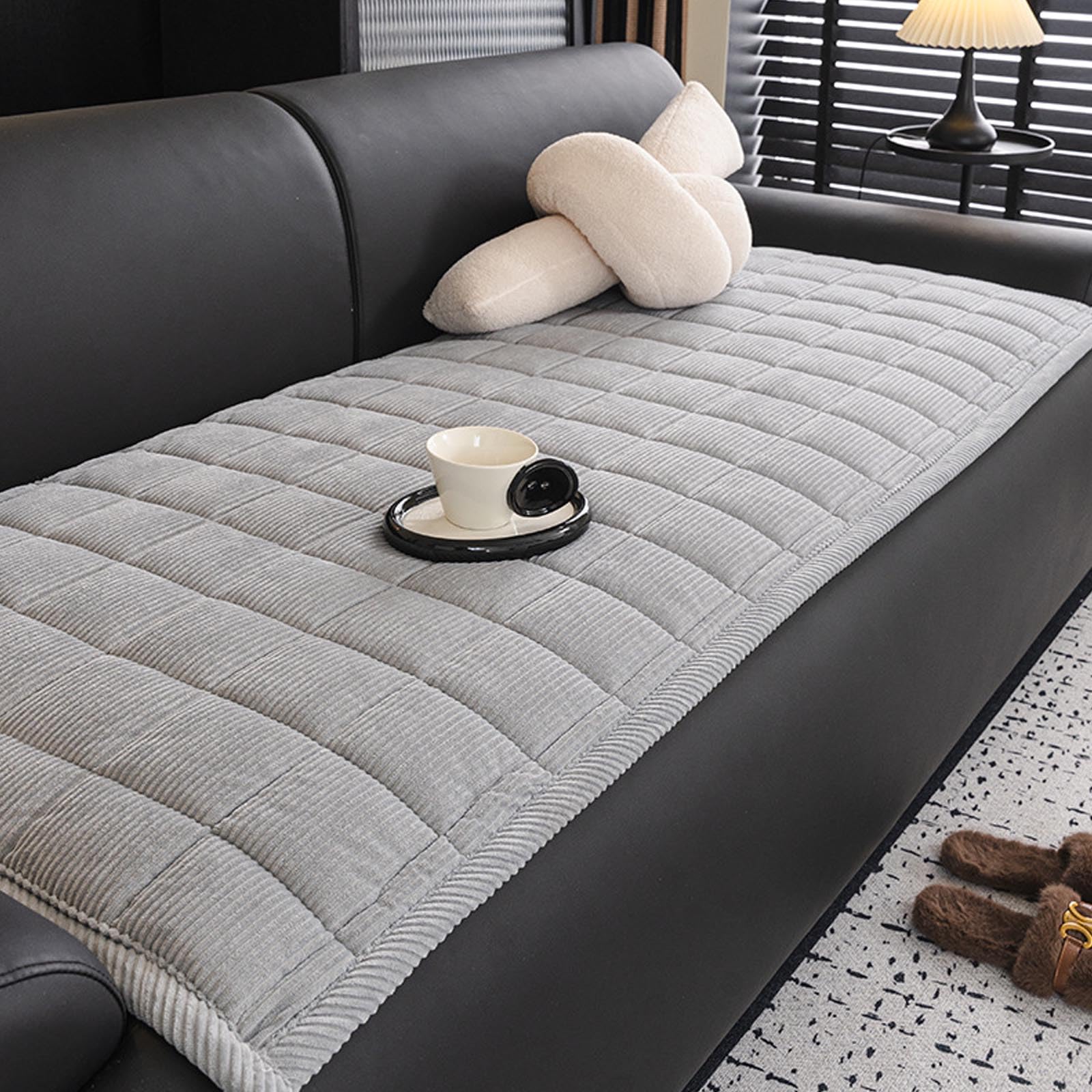 Housse de canapé en velours côtelé gris clair 3 places antidérapante pour chien 70x210cm