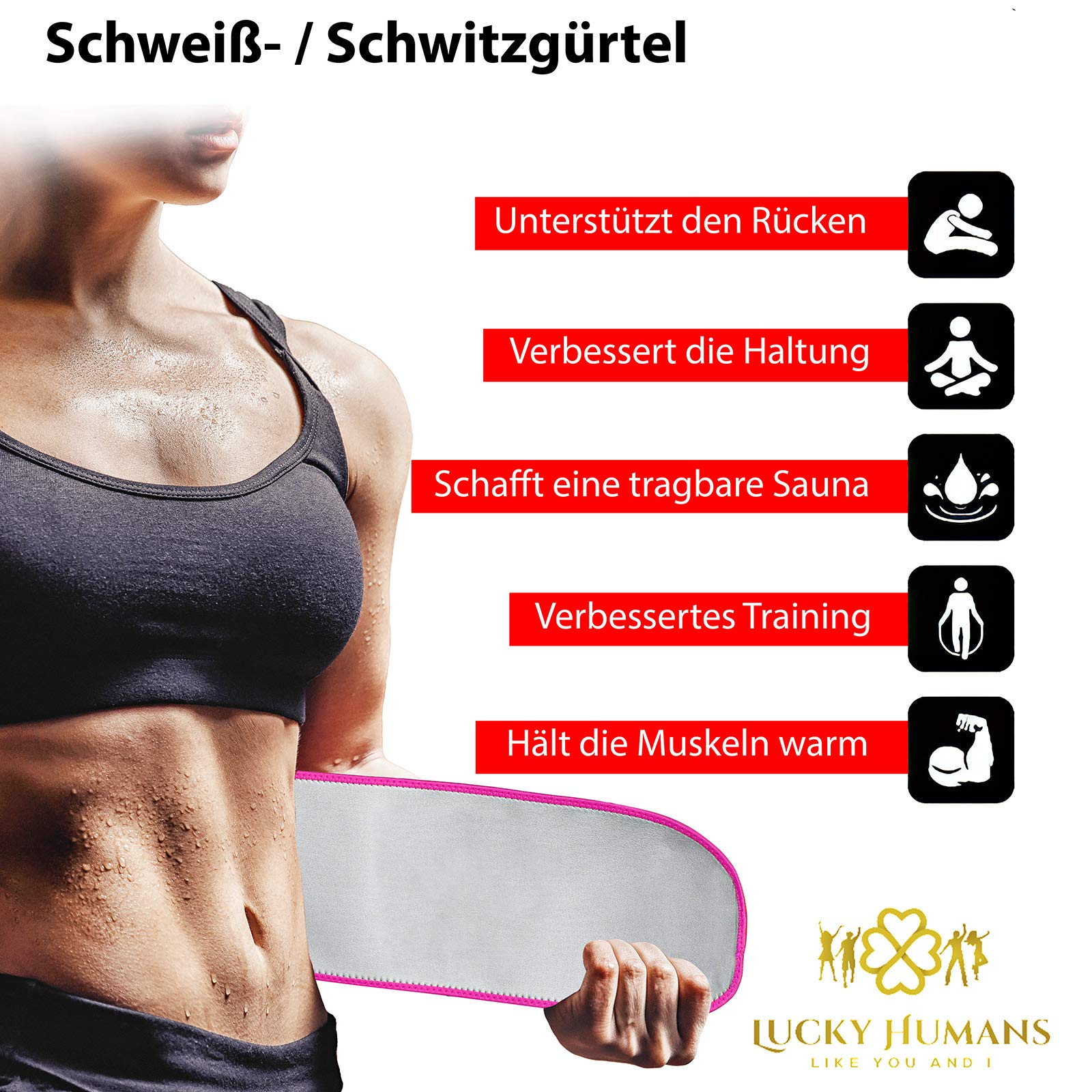 Lucky Humans® Hochwertiger -2021- Bauchweggürtel Herren Damen, Hula Hoop Gürtel, Schwitzgürtel, Bauchgürtel Neopren Nano Silber, Bauch Weg Trainer, Sweat Belt Waisttrainer (Rosa)