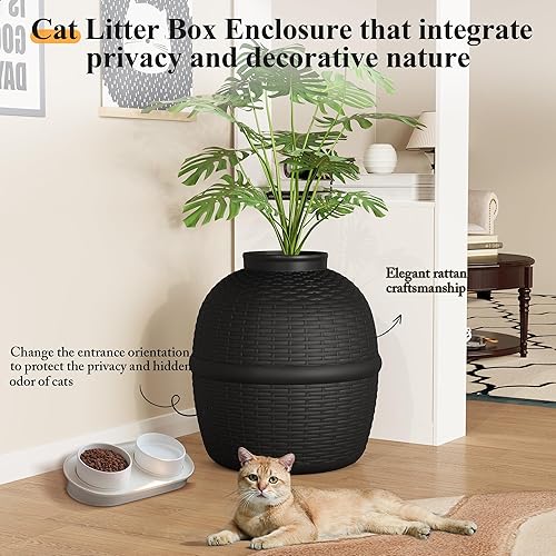 Miniatura 2 de keygarzone Caja de arena oculta con planta, muebles de arena para gatos con patrón de ratán para gatos grandes, material PP impermeable, fácil de
