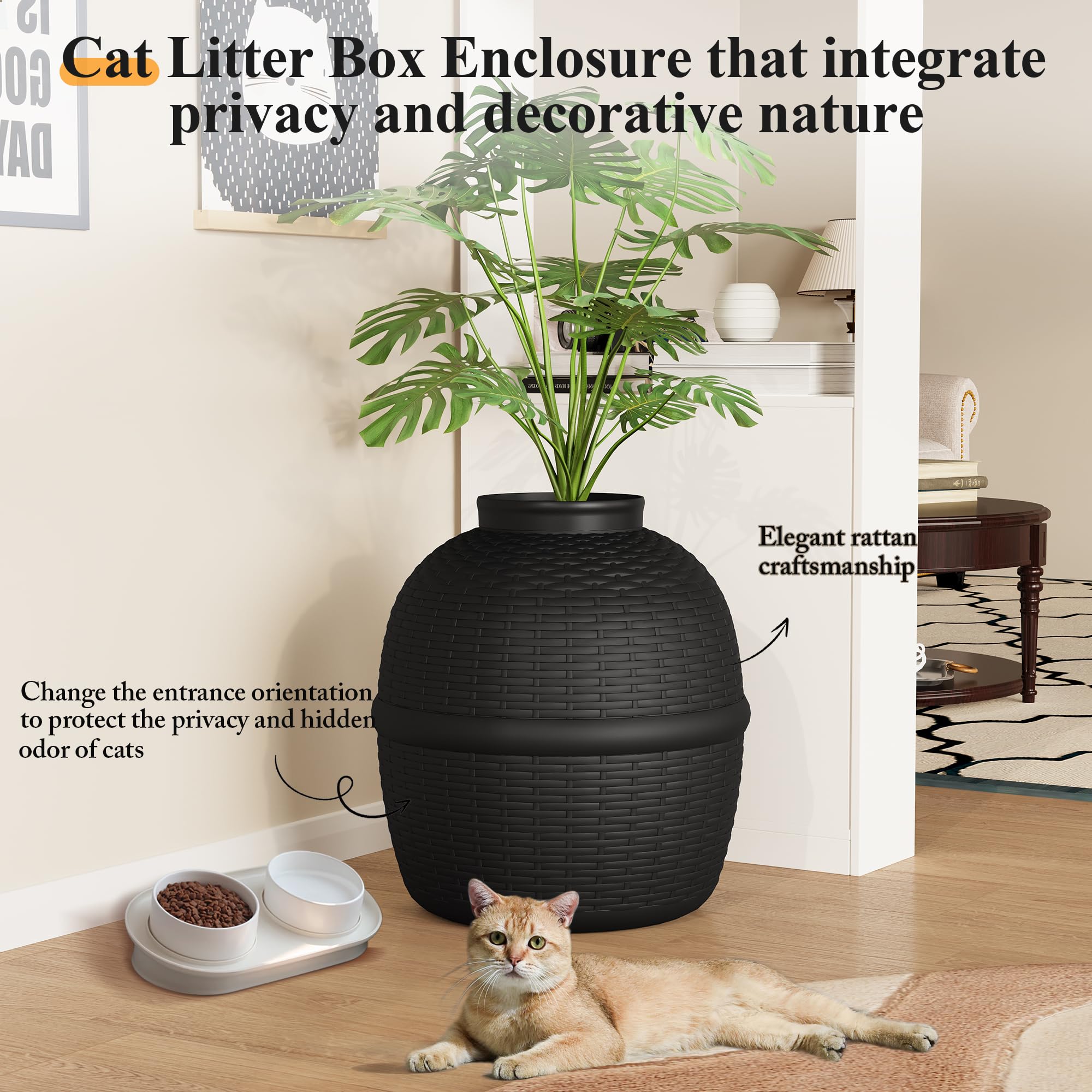 SUNVIVI Caja de arena para gatos con planta sintética y cuchara, bandeja de arena oculta con control de olores y filtro de carbono en sala de estar, dormitorio, esquina, color negro