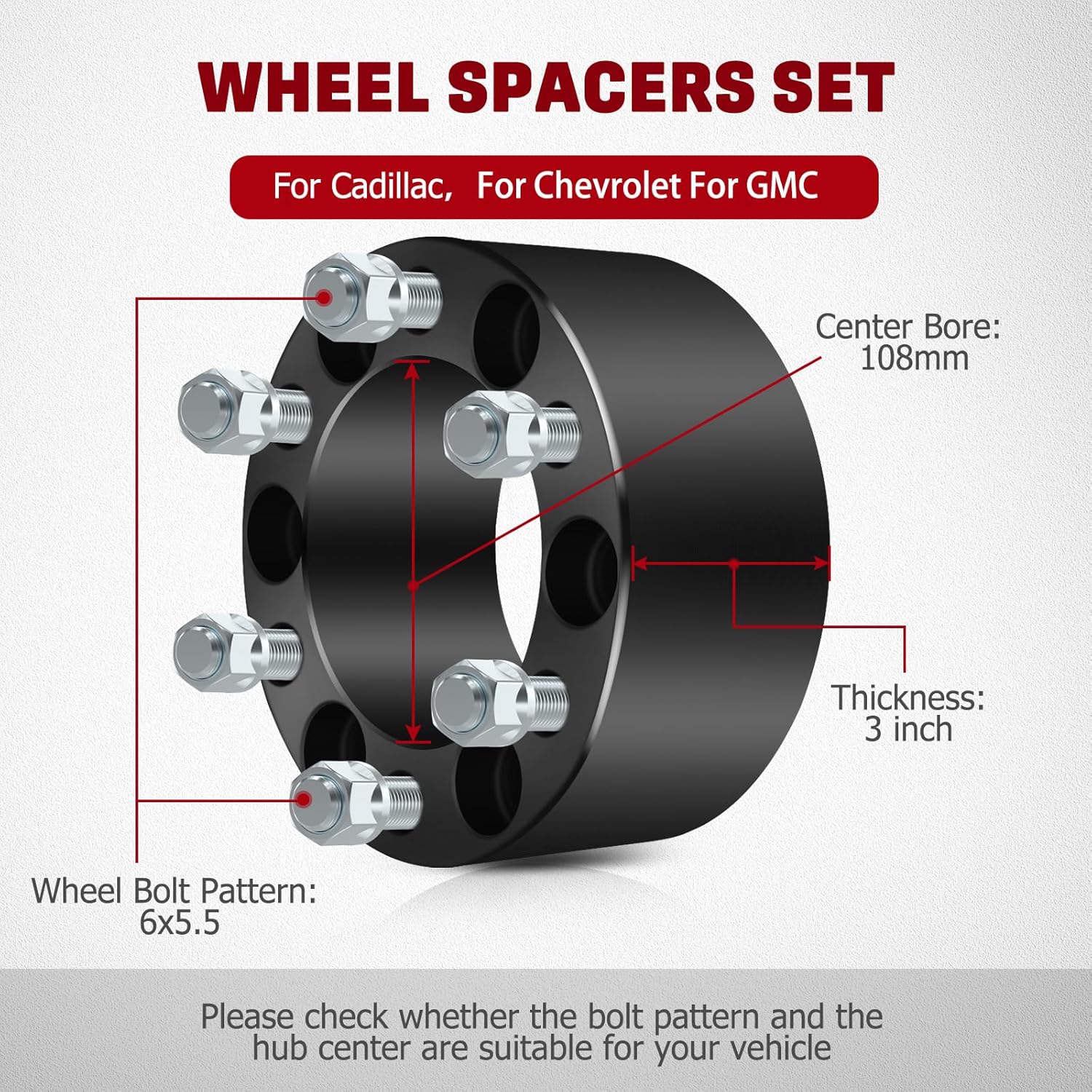 6x5.5 6x139.7mm Wheel Spacers, for GMC Sierra 1500/K1500/Yukon XL, for Chevy Avalanch/Suburban 1500, 3" Wheel Adapters & Spacers with 108mm Bore 14x1.5 Studs 4Psc Black