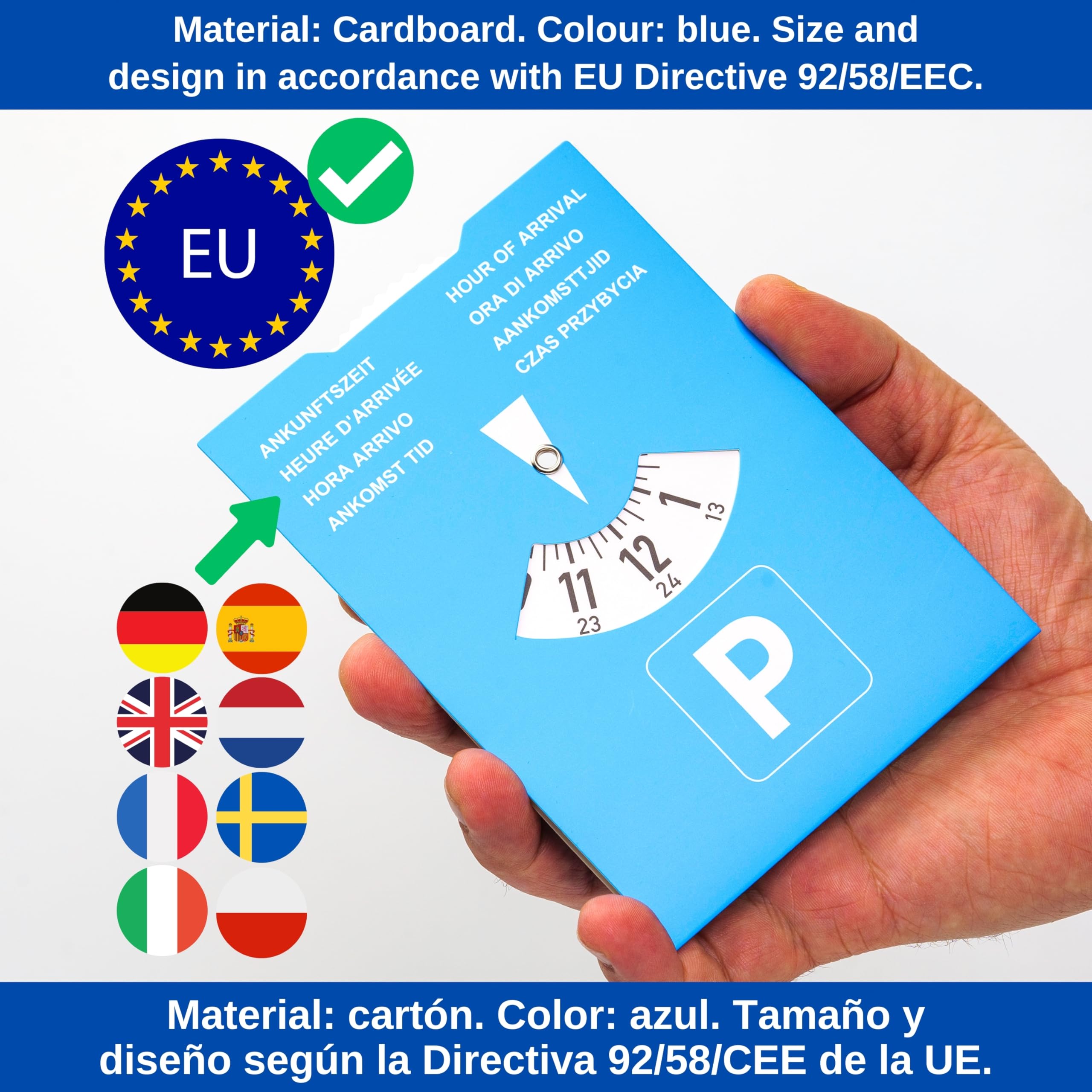 Disco de aparcamiento, 2 piezas, en azul, de papel, ajustable por las dos caras, parquímetro con ocho idiomas, para coche, camión, autocaravana, Parking Disc Blue, discos de aparcamiento