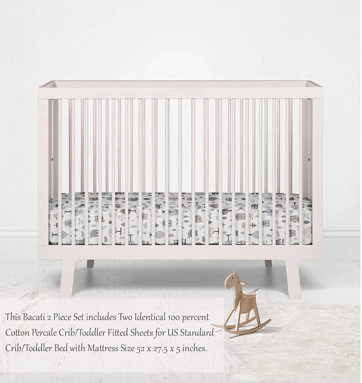 Bacati - 2 Pack Crib Fitted Sheets - Owls Neutral Beige/Grey Soft Breathable 100% Cotton Percale Baby Sheets - Fits Standard 28 x 52 X 5 inches Crib & Toddler Mattresses