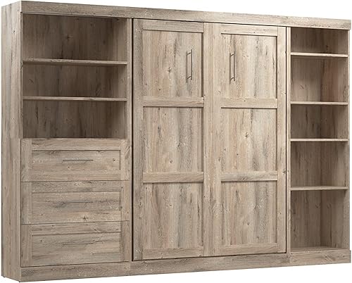 Bestar Pur Murphy 2 Shelving Units, Space-Saving Wall Bed with Storage and Closet Organizers, Full, Rustic Brown