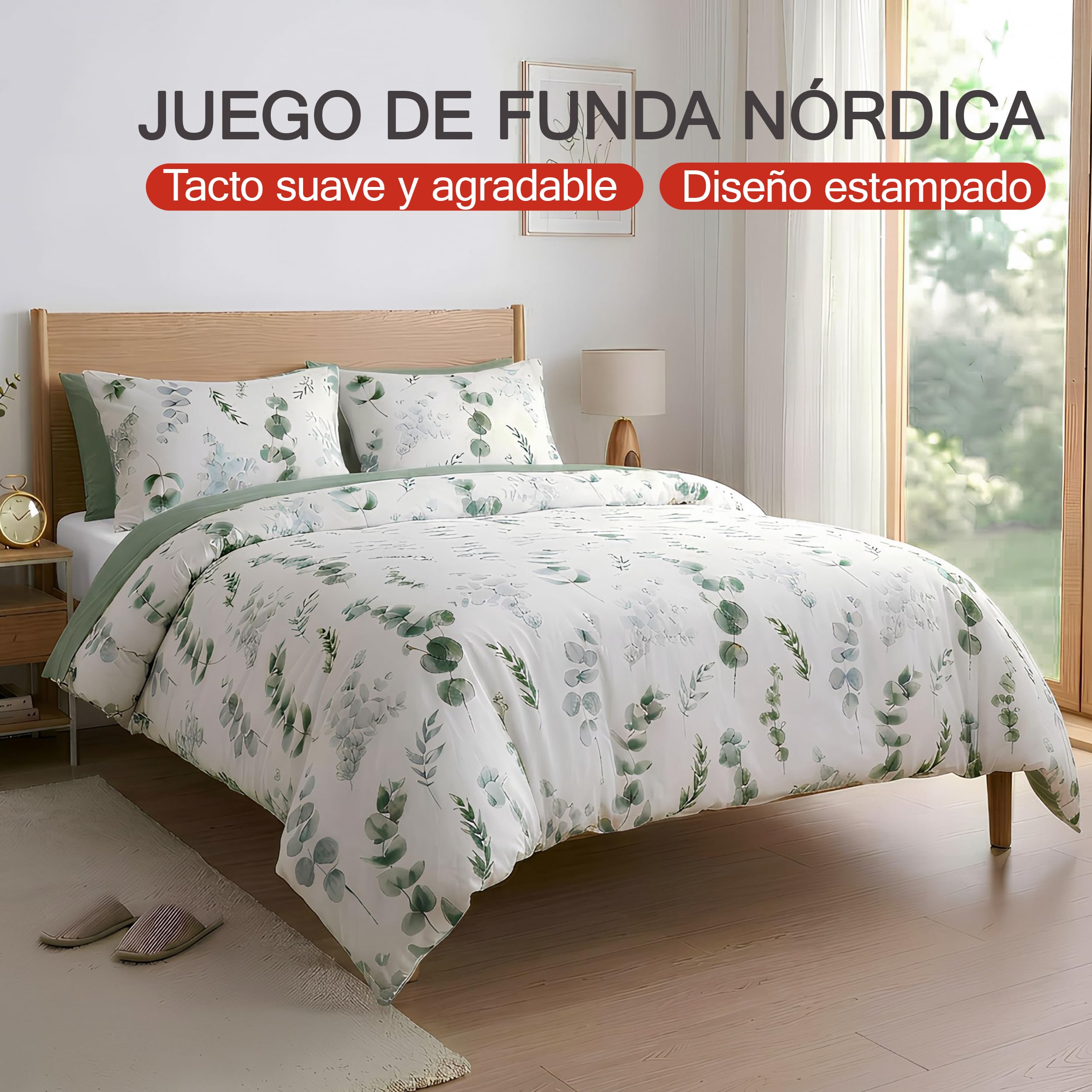 H HANSEL HOME Funda Nórdica Cama 90-2 Piezas - Microfibra Transpirable - Funda Edredón 150x220 cm, Funda de Almohada 50x90 cm - Estampada Eucalipto
