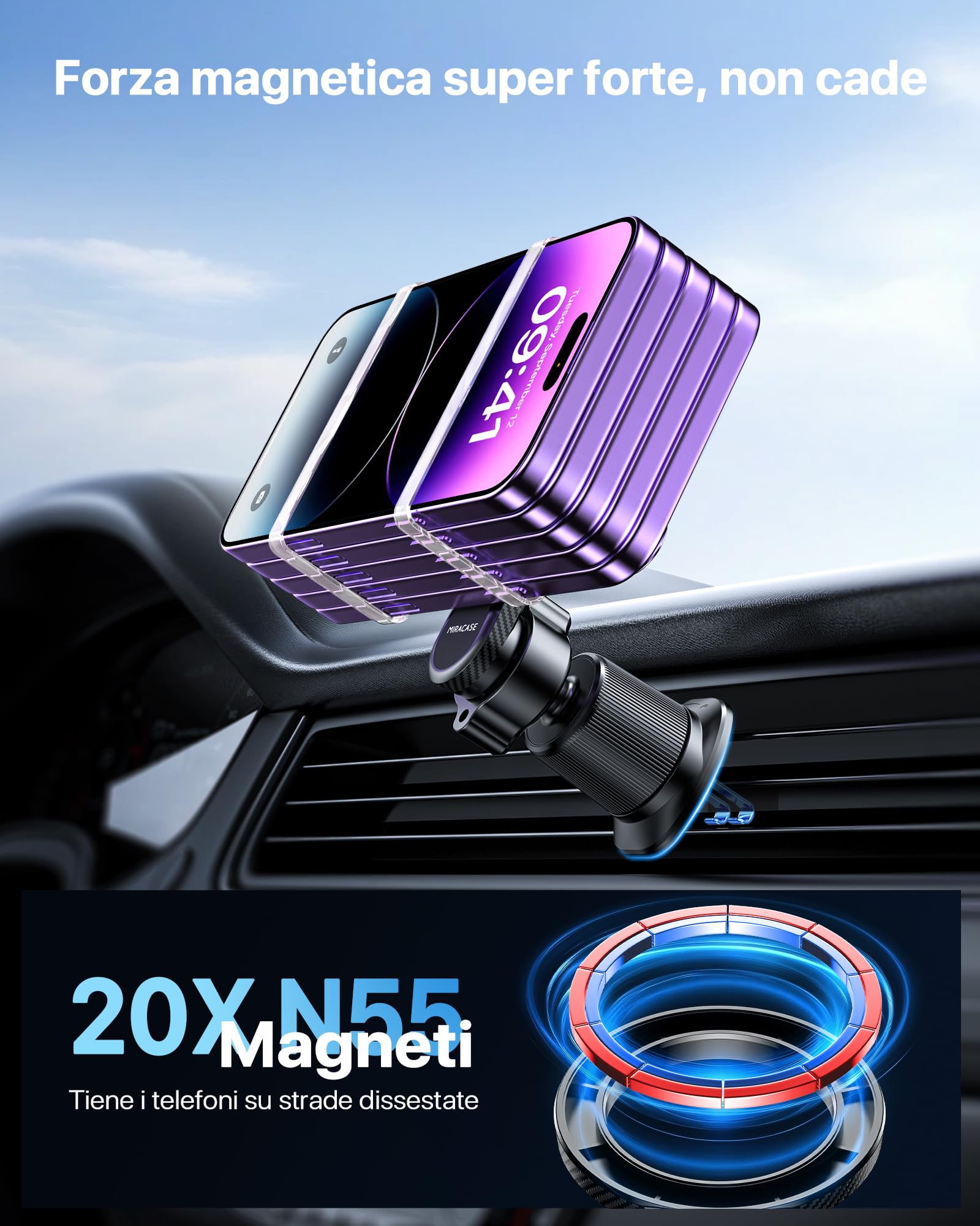 Miracase Porta Cellulare Auto con MagSafe【Potente Magnetico】Supproto Telefono Auto Magnetico【Gancio in Metallo】Porta Telefono Auto per Il Cruscotto & Presa d'Aria di Auto Compatibile con Smartphones