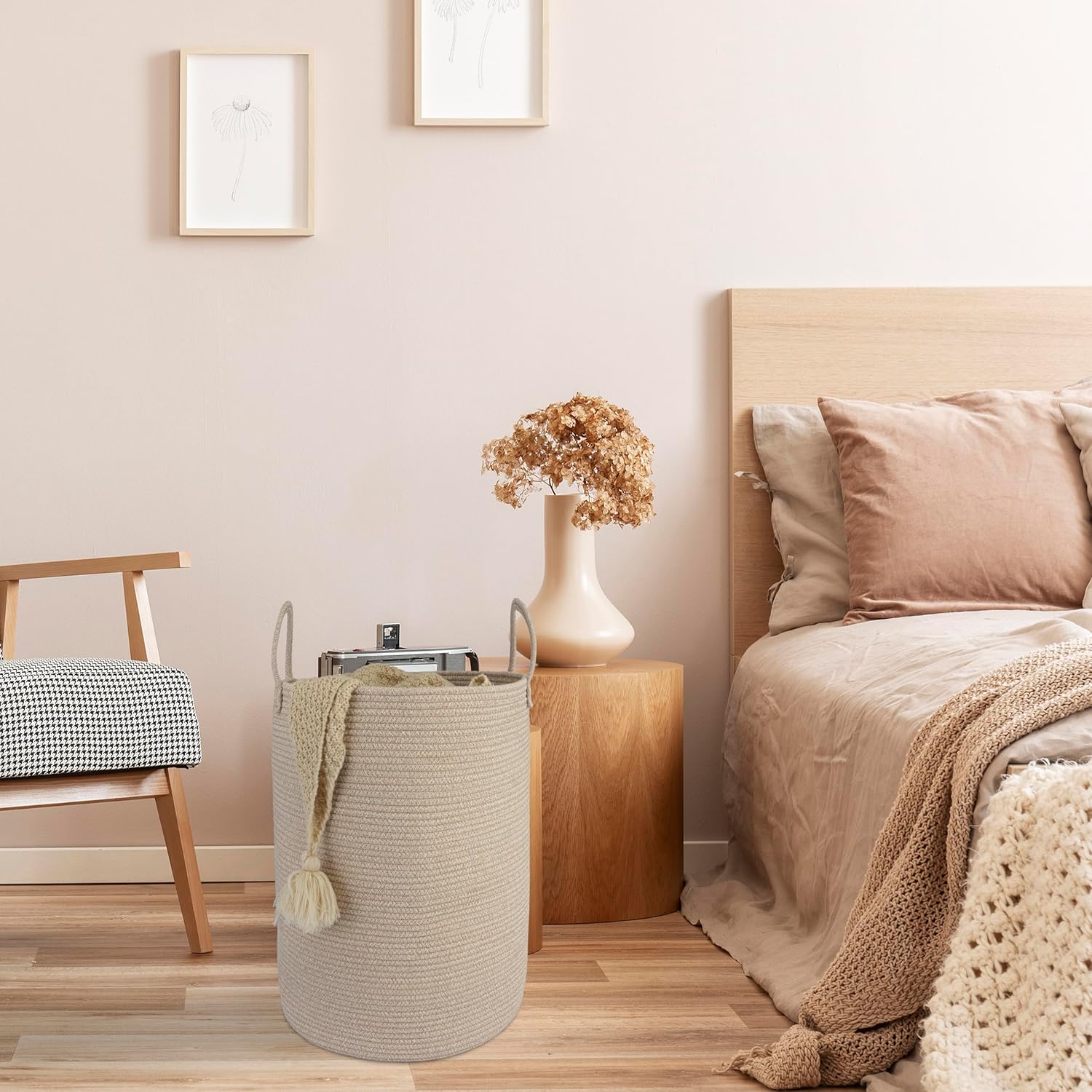 Woven Cotton Rope Laundry basket-16”X22” Laundry Hamper-Rope Storage Basket for Dirty Clothes, Toys and Blankets Perfect for Bathroom, Baby nursery and Living Room Storage (oatmeal, Large)