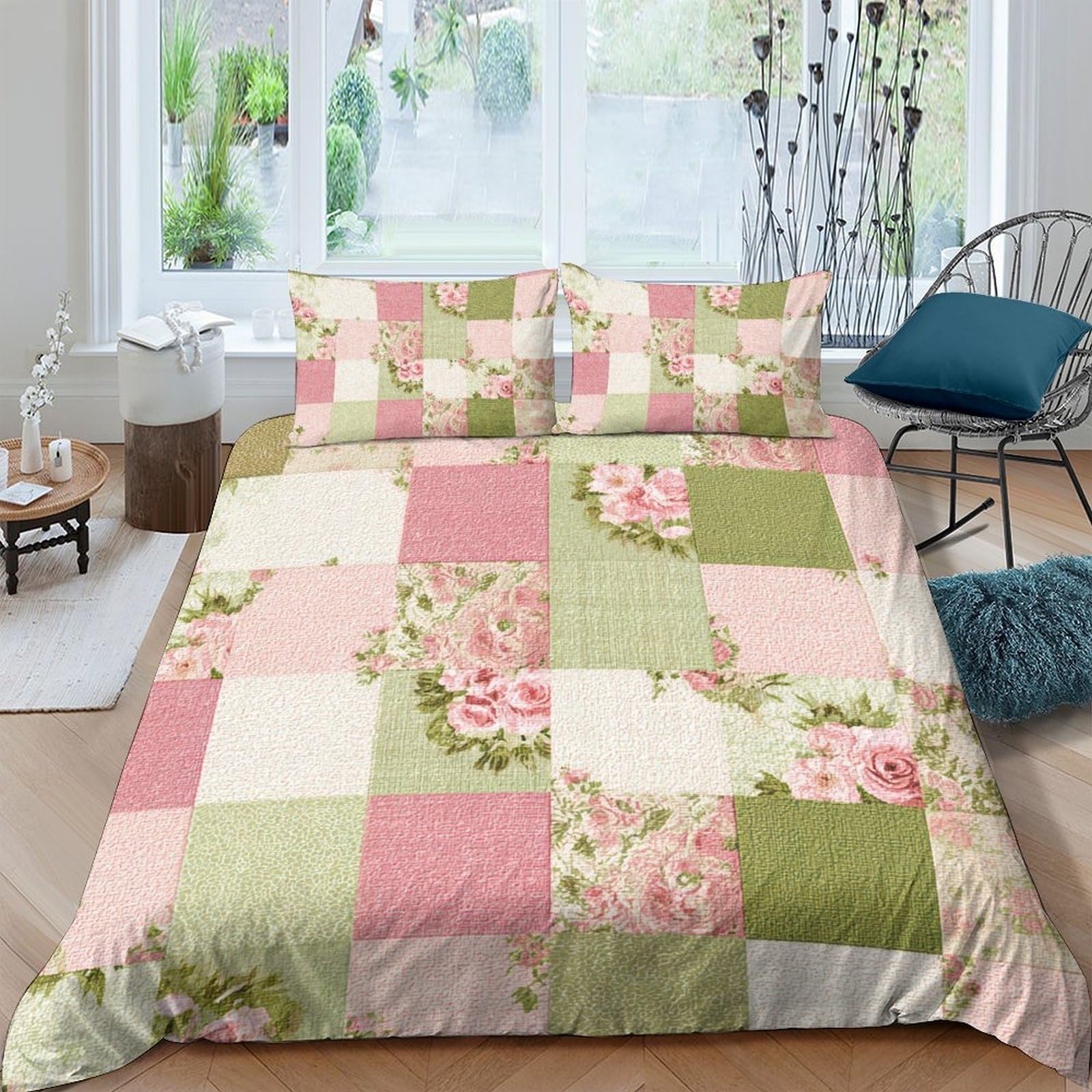 TUFRTGYHN 3D Printed Floral Patchwork Duvet Cover Microfiber Soft Breathable Rose Garden Quilt Cover Set with 2 Pillowcases for Bedroom Decor Single（135x200cm）