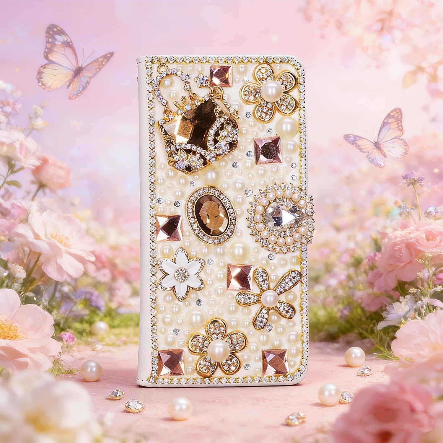 Glitter Wallet Phone Case for Moto G 5G 2025 - Girls Women 3D Luxury Shiny Bling Leather Cover with Screen Protector, White Floral Pearl Crystal Phone Strap - Gold Bag Flower