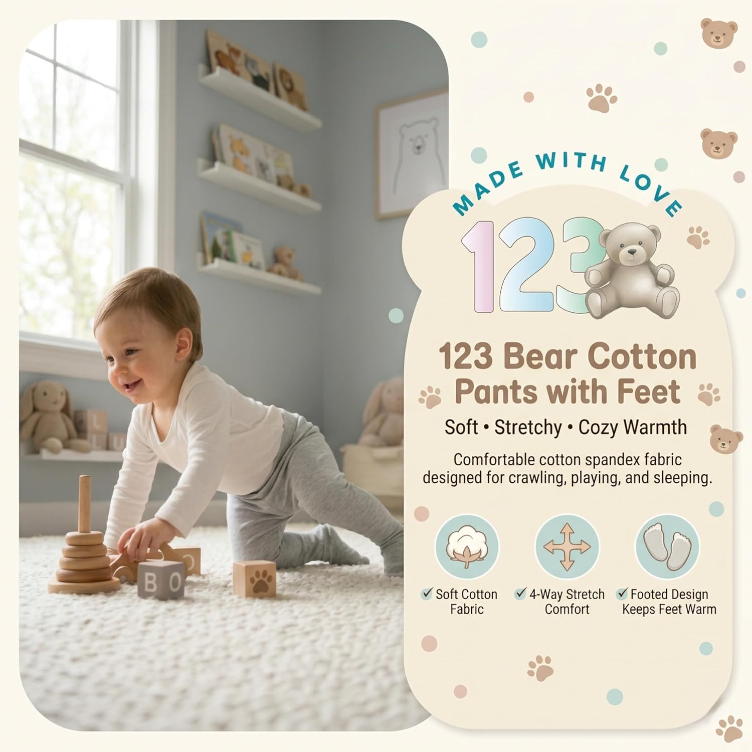 123 Bear Baby Soft Cotton Spandex Pants with Feet