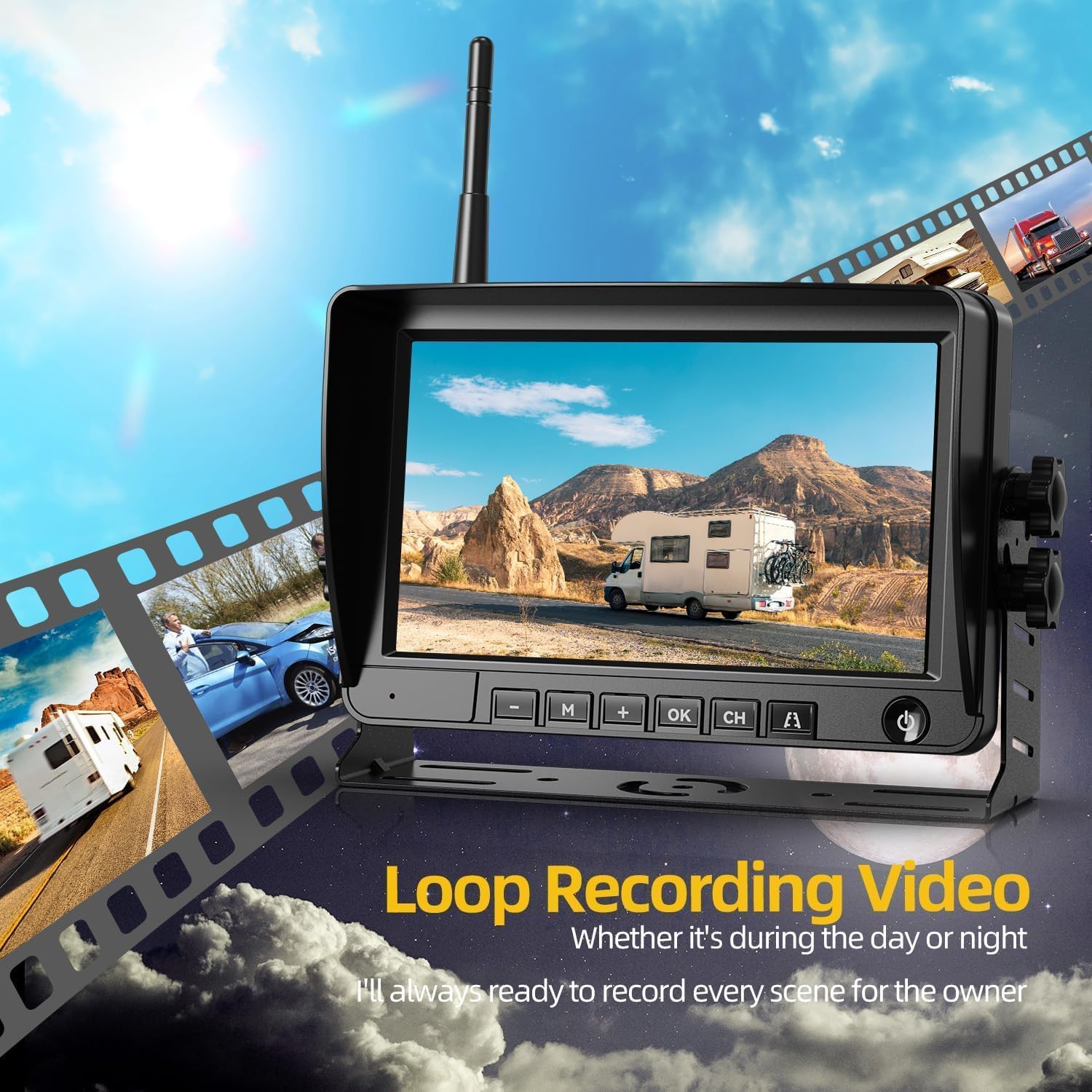 7" Wireless RV Backup Camera System with BSD Motion Detection: Pre-Wired for Furrion System 1080P DVR Recording IR Night Vision IP68 Waterproof Wireless Backup Camera for Truck,Pickup,Trailer,Cars