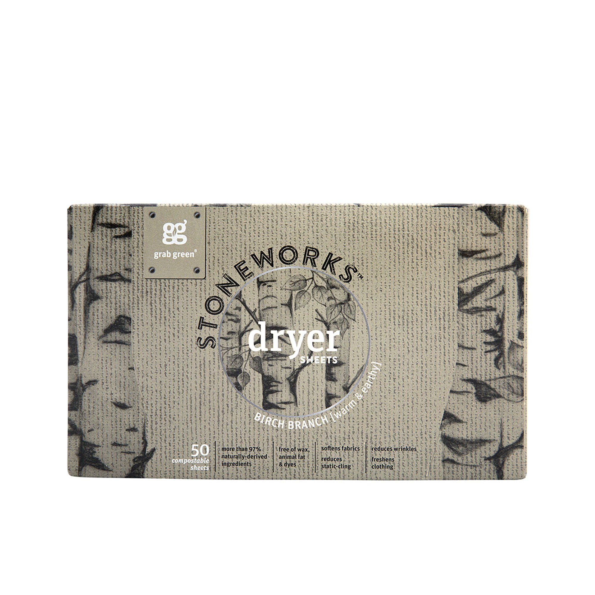 Grab Green Stoneworks Dryer Sheets Birch Branch 50 Compostable Sheets