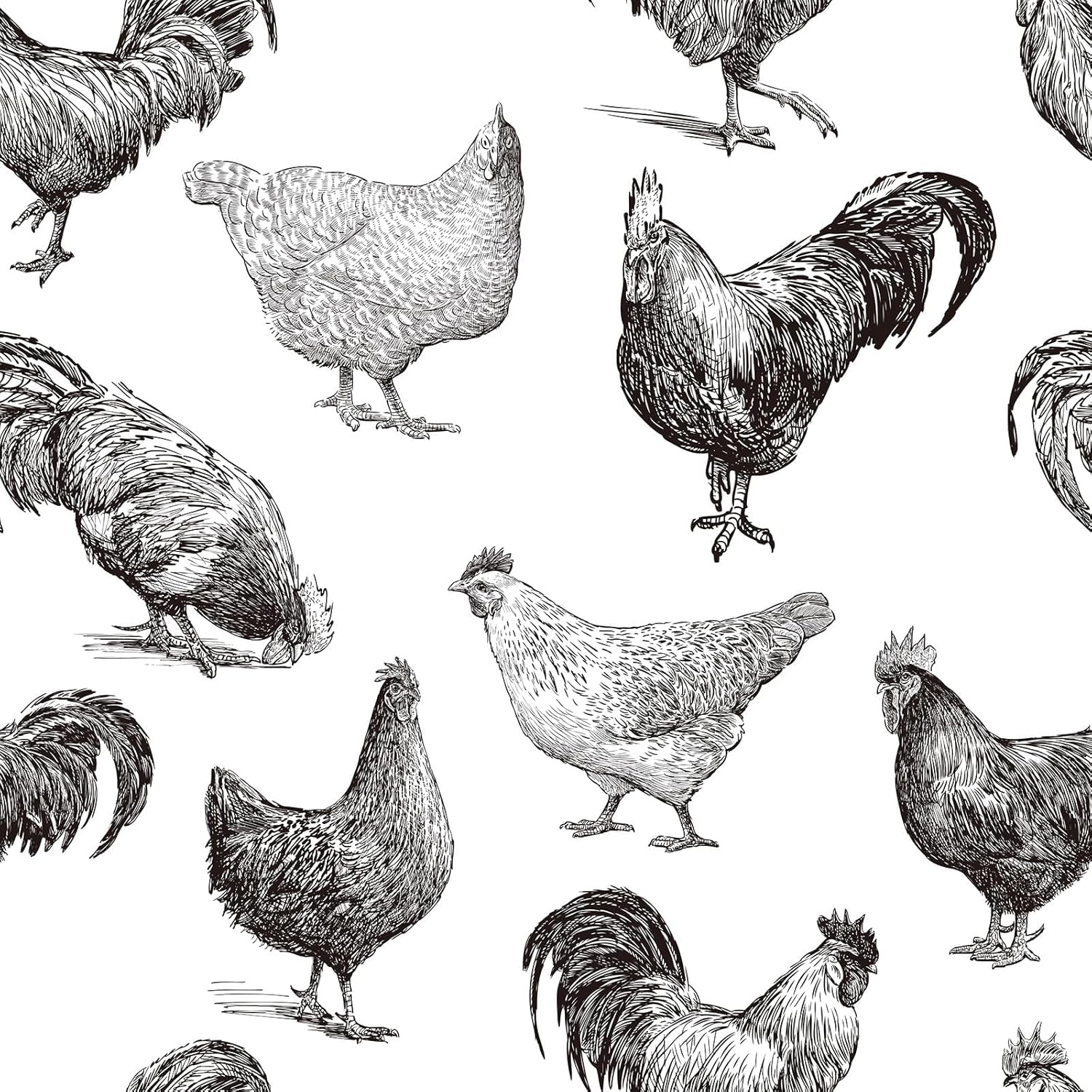 YENHOME Black and White Chicken Peel and Stick Wallpaper Vintage Farmhouse Rooster and Hen Wallpaper for Kitchen Coop 17.5"X118" Self Adhesive Cottage Farm Animal Wall Paper for Accent Wall Kids Room