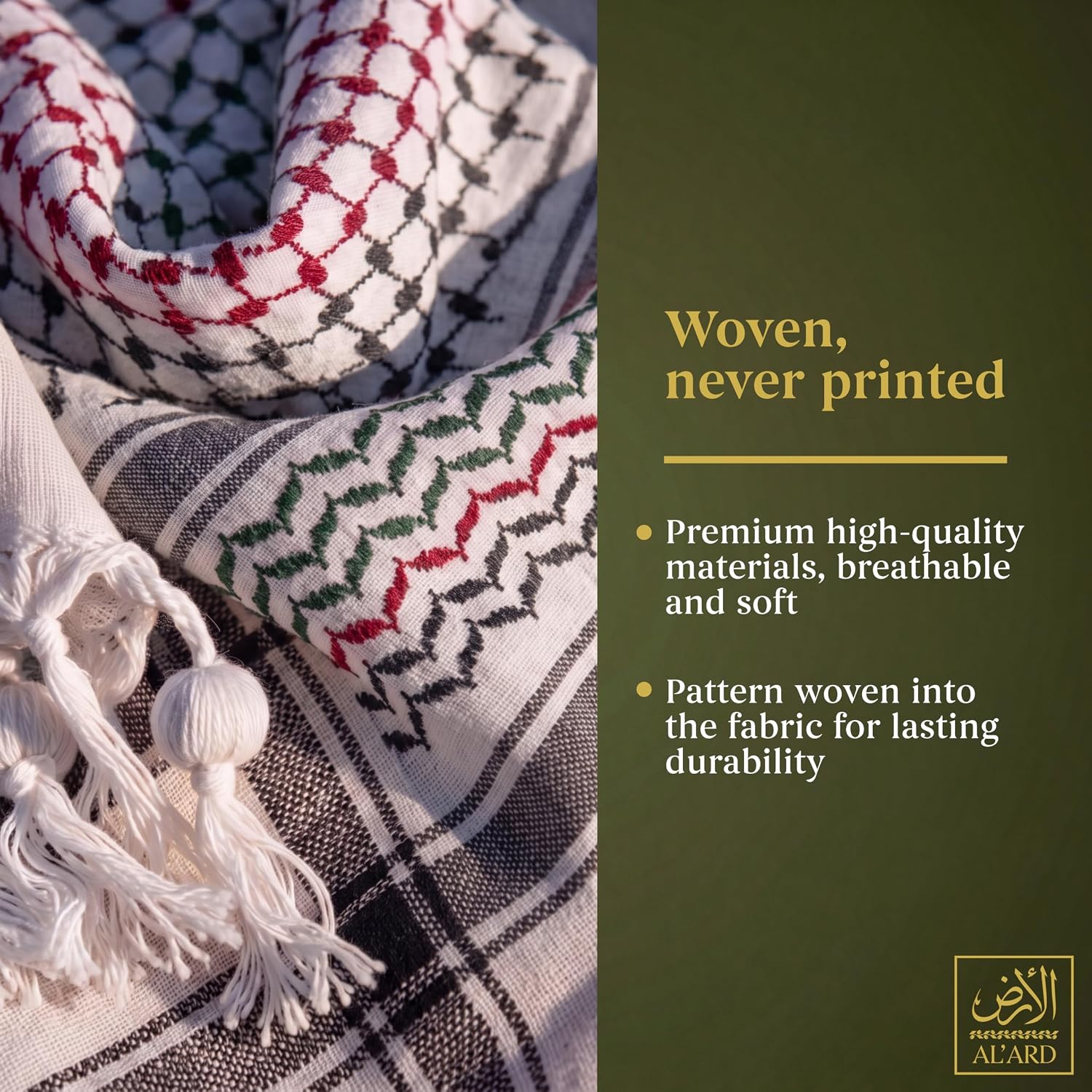 Al'Ard Kufiya Scarf, Keffiyeh Made in Palestine, Soft Unisex Cotton Shemagh