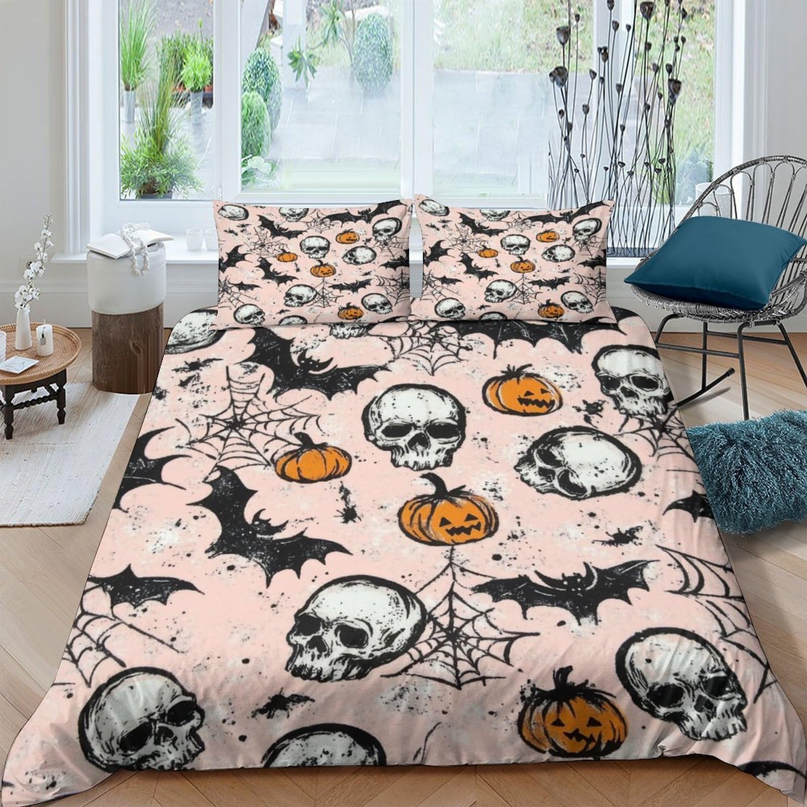 Ctjqhvkz Style-2 3D Printed Skull Halloween Fitted Sheet Microfiber Orange Pumpkin Mattress Cover For Bedroom Dorm Decor Single（135X200cm）