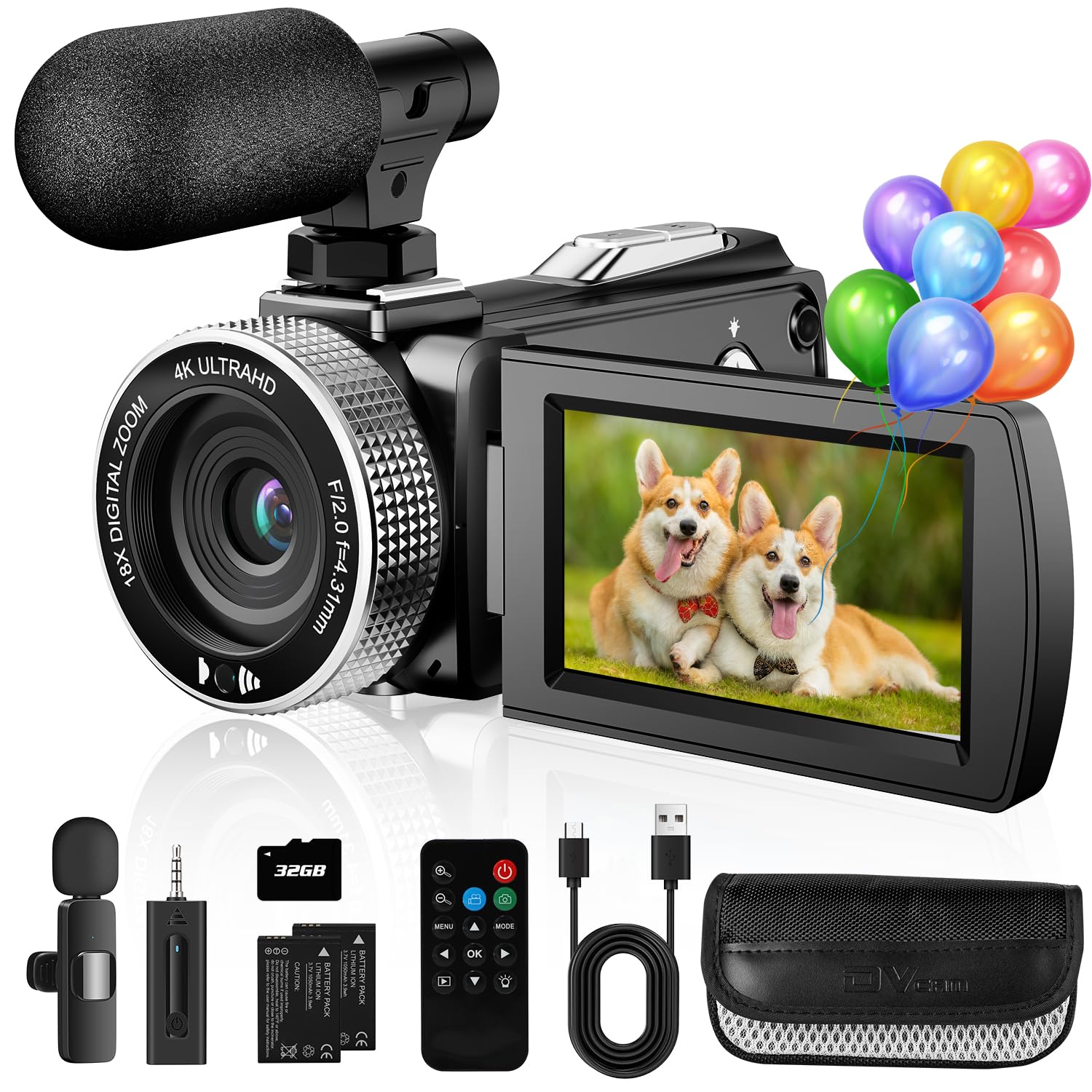 4K Video Camera Camcorder 60FPS, 48MP UHD YouTube Vlogging Camera with Wireless Lavalier Microphone, 18X Digital Zoom, 3" 270° Rotatable IPS Screen for Travel & Outdoor Parties-image-20