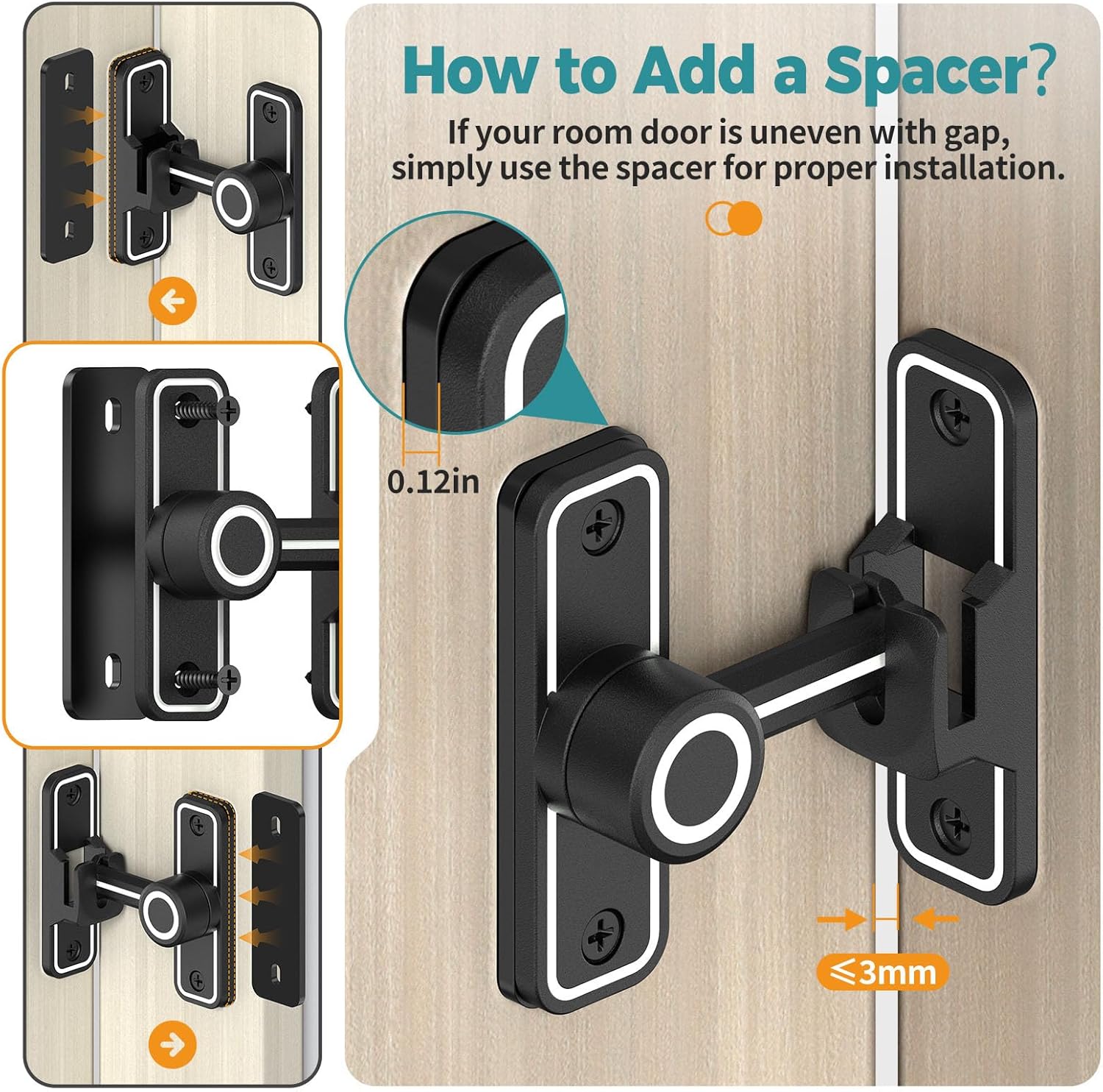90°/180° Barn Door Lock, Heavy Duty Rust-Proof Zinc Alloy Security Sliding Door Lock - Gate Latch for Barn, Garden, Bathroom, Fence, Cabinet (Luminous Black-2 Pcs)