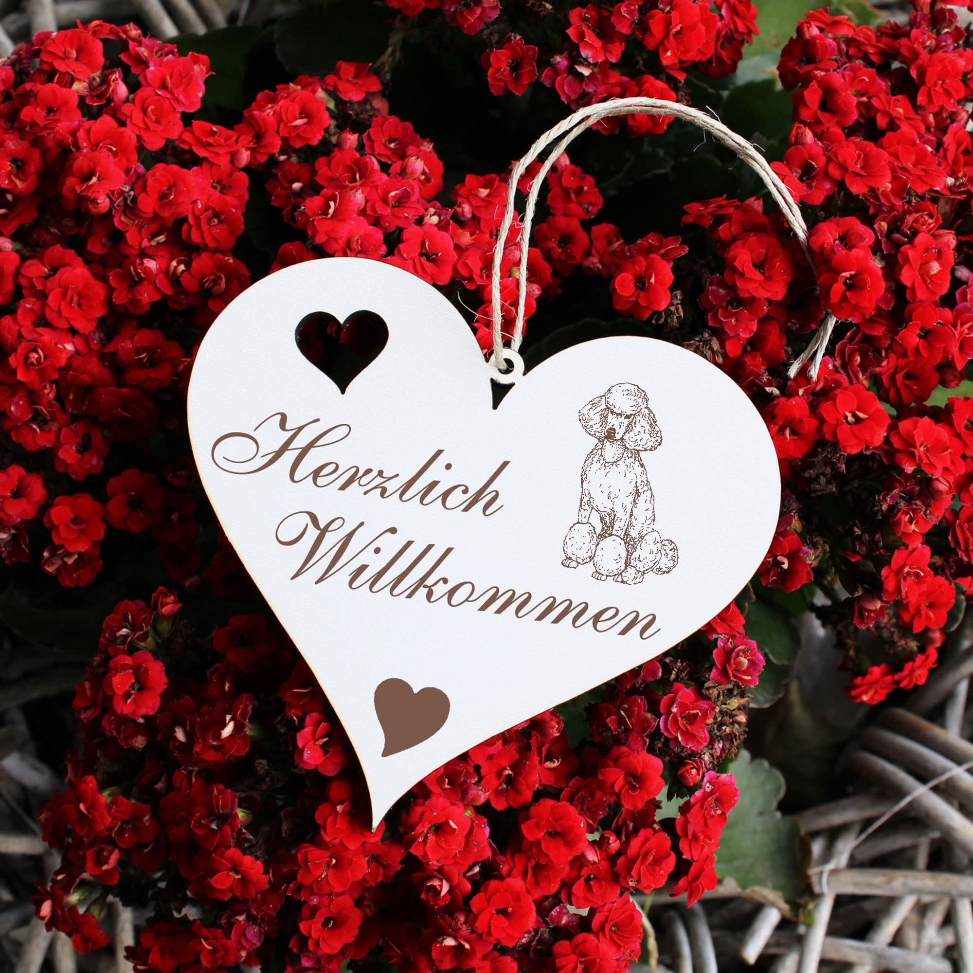 Herzlich Willkommen Schild Mit Pudel – Holzschild, Ca. 13x12 Cm, Lasergravur, Mit Aufhängeband