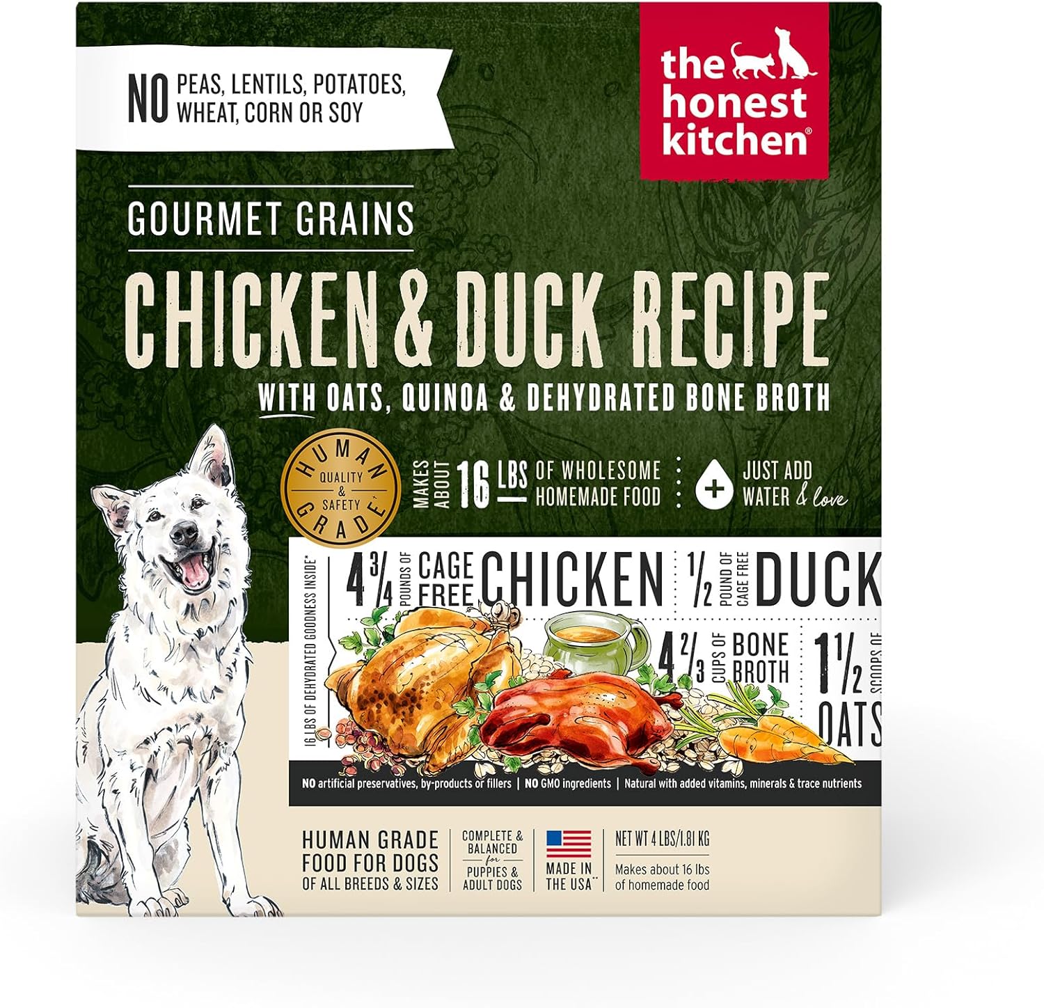 The Honest Kitchen Human Grade Dehydrated Dog Food, Gourmet Grains Dog Food, Chicken & Duck, 4 lb (makes 16lbs)