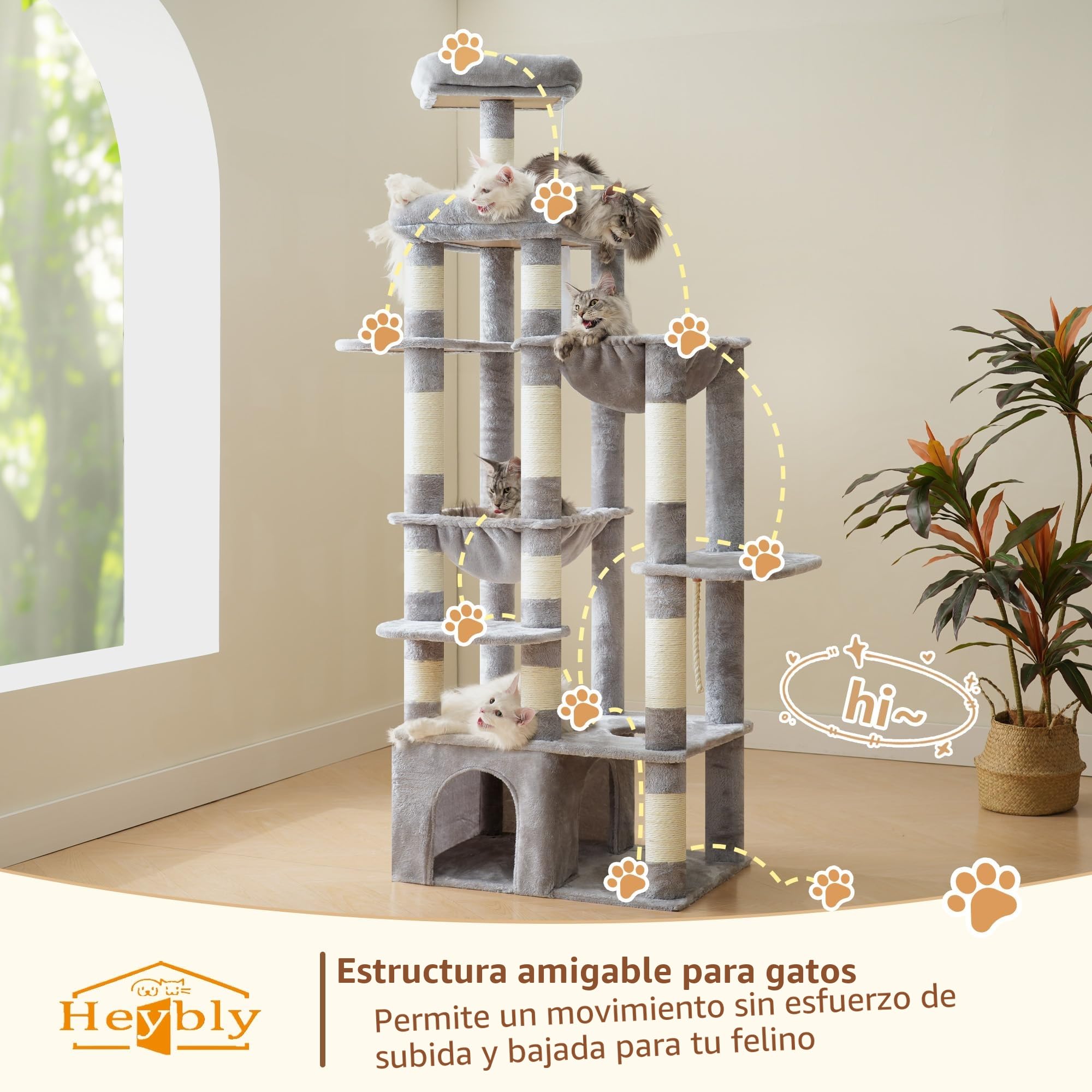 Heybly Árbol para Gatos, 180 Cm con Rascador para Gatos, Base Extra Estable, Plataforma XL, Casa Grande, 2 Hamacas, Ideal para Razas Grandes, Gris Claro HCT037W
