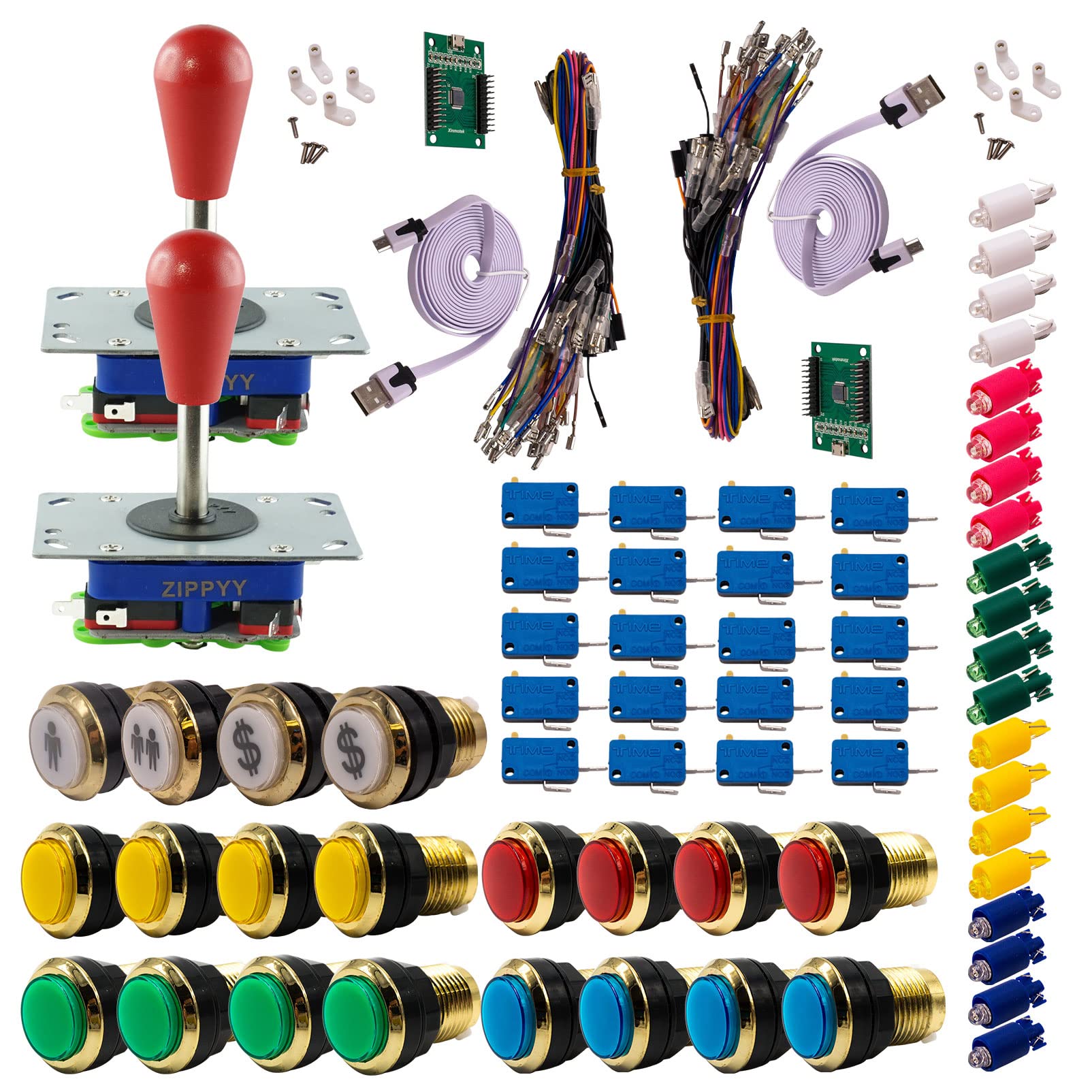 Kit Joystick e Pulsanti Arcade 2 x 1 Giocatore Luminoso Pulsanti Dorati Joystick Zippyy Gambi Lunghi Pere Carta XinMoTek Videogiochi Retro Gaming