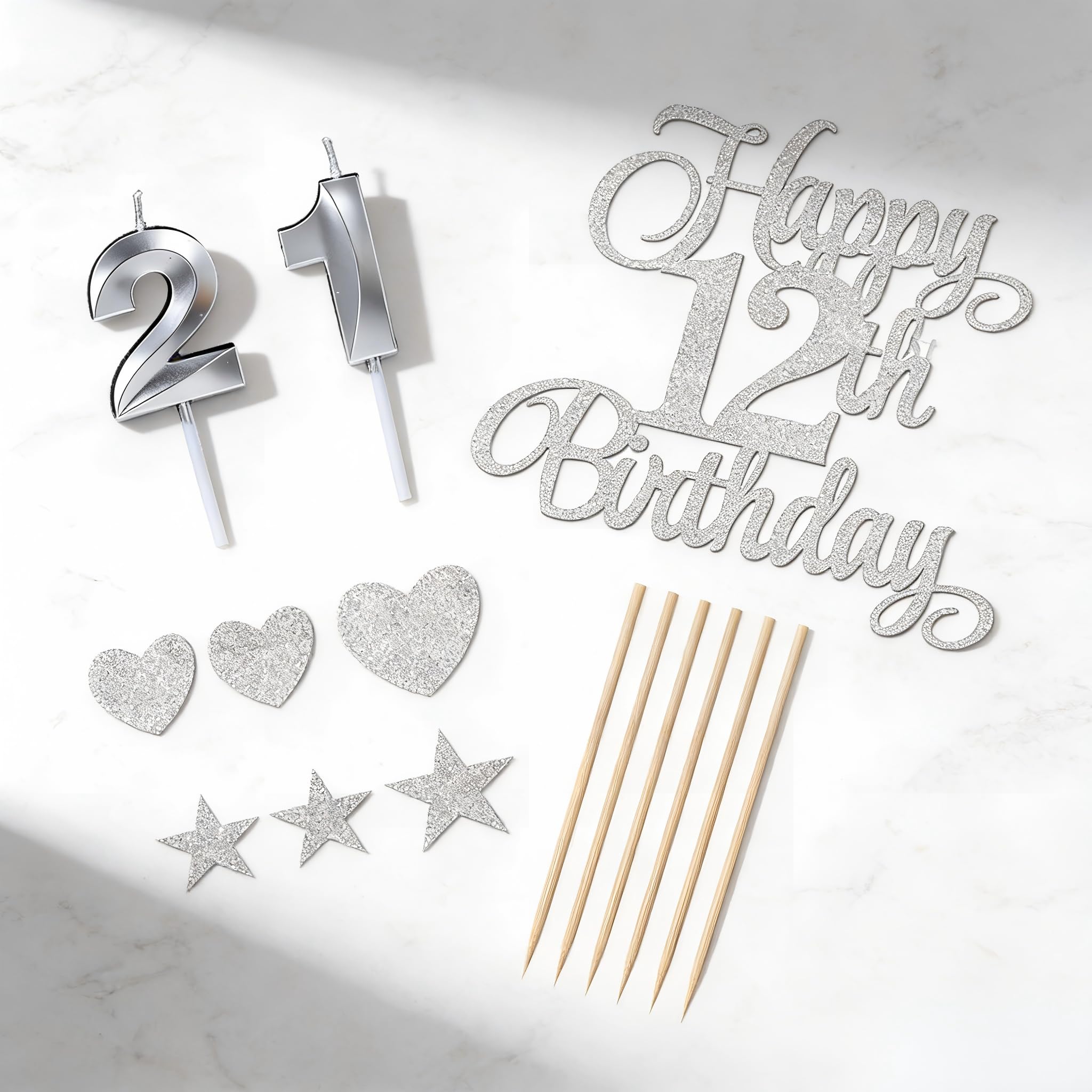 21st Birthday Cake Topper Set - Silver Glitter Number 21 Decorations with Stars, Hearts & Candles - Complete Non-Edible Cupcake Toppers Kit for Women & Men