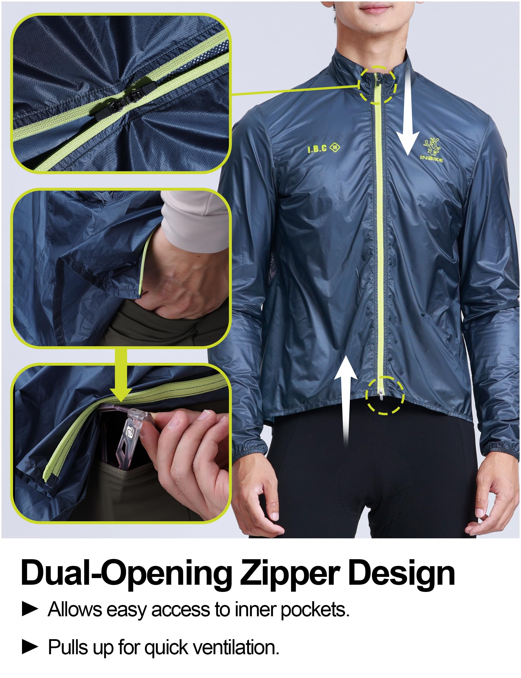 INBIKE Vestes de Cyclisme Homme léger Vestes Course Vent coupe-vent et imperméable Respirant avec Doublure en Poche de Rangement
