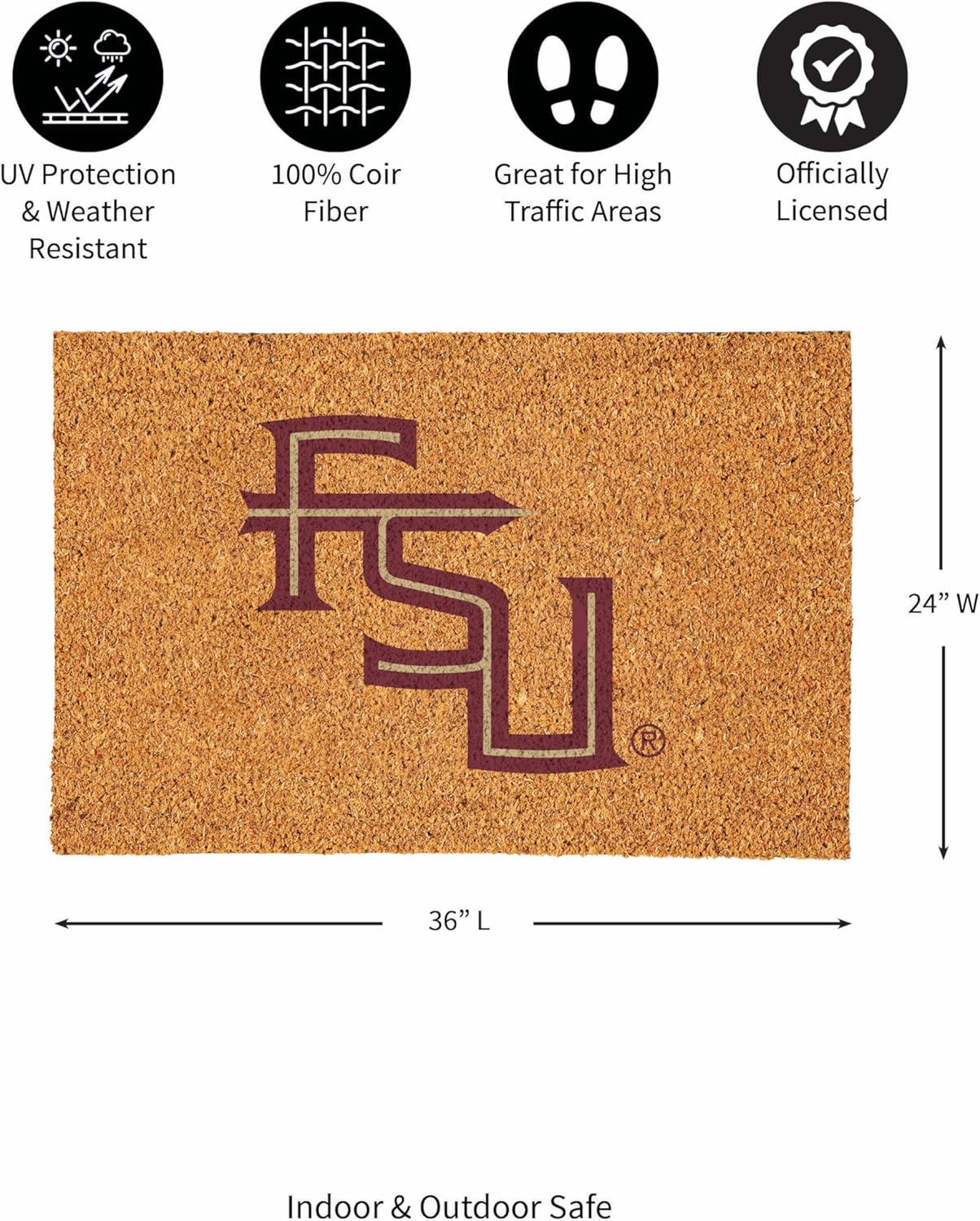 Team Sports America NCAA Florida State University Coir Doormat 36"x24", Official Full Color Team Logo, Extra Large Front Door Mat, Outdoor Indoor Entrance Rug, Non-Slip Welcome Mat for Porch Patio