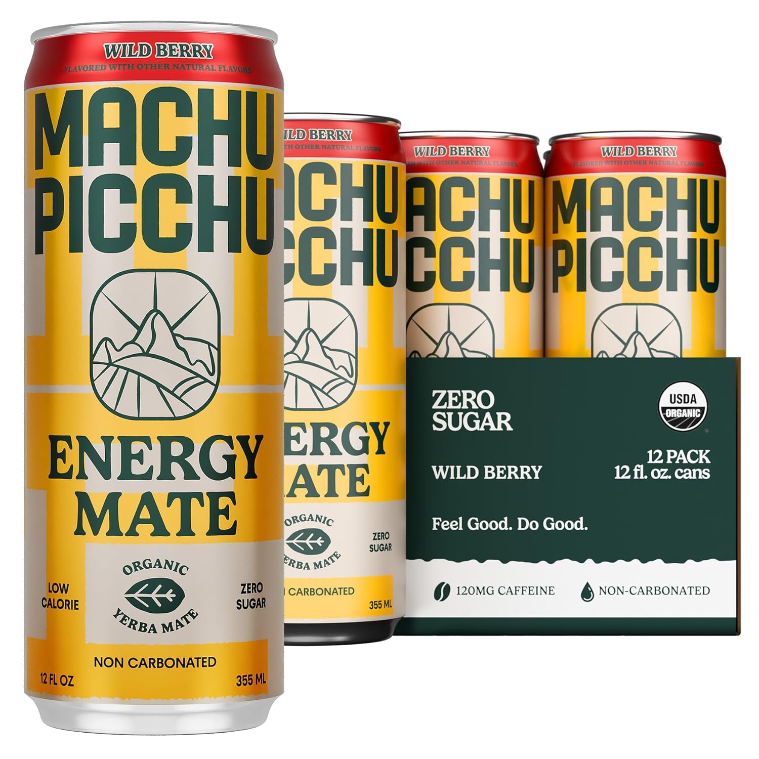 MACHU PICCHU 12-Pack-Wild Berry Zero Sugar Energy Mate Drink – Non-Carbonated Yerba Mate, 120mg Organic Caffeine, Smooth Focus Without Jitters or Crash, Low Calorie, USDA Organic, 12oz Cans