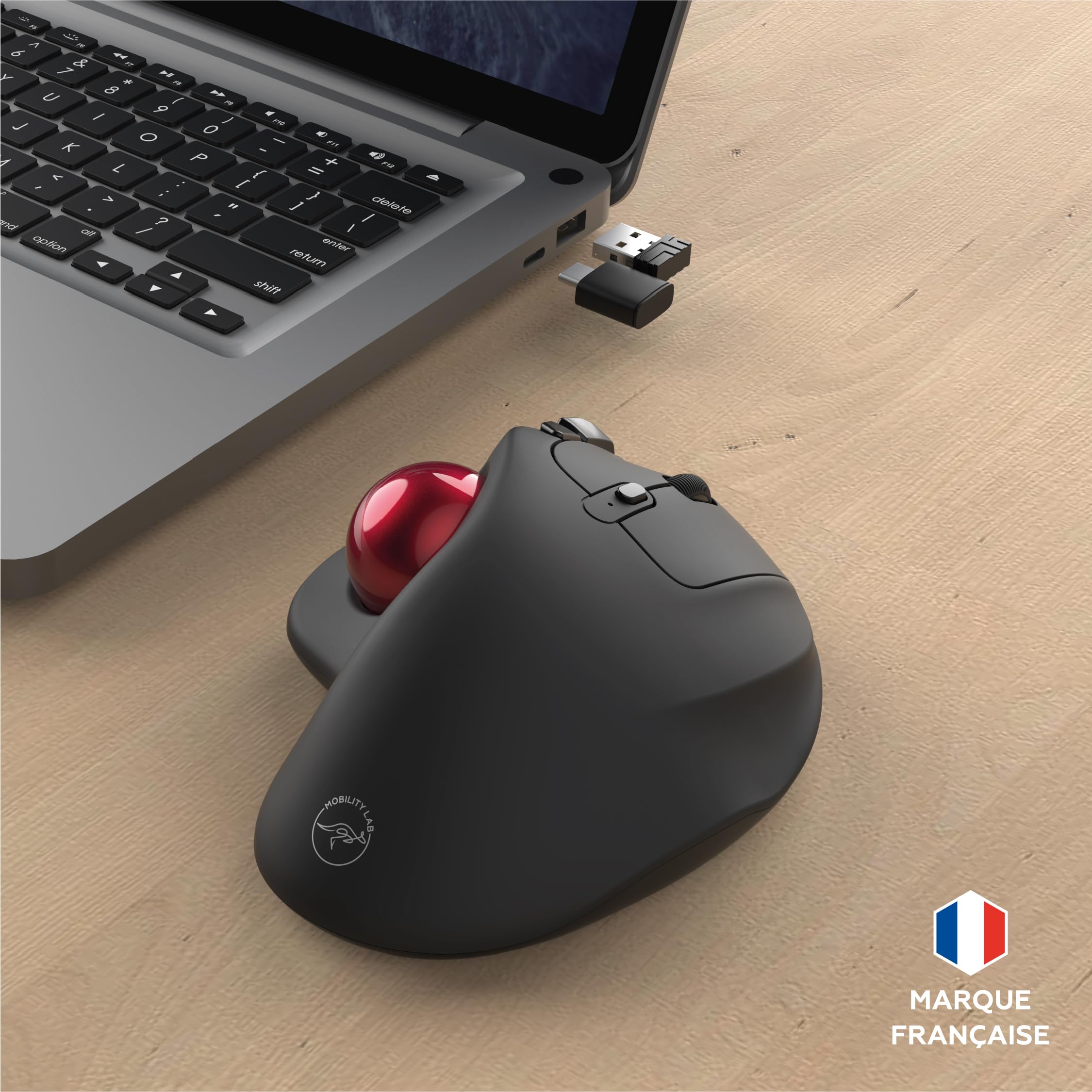 Mobility Lab Souris Trackball Ergonomique sans Fil - Confort Maximal, Réduit Fatigue - Double Connexion USB/USB-C, Boutons Rapides - Compatible PC, Mac, Gaming, Bureautique
