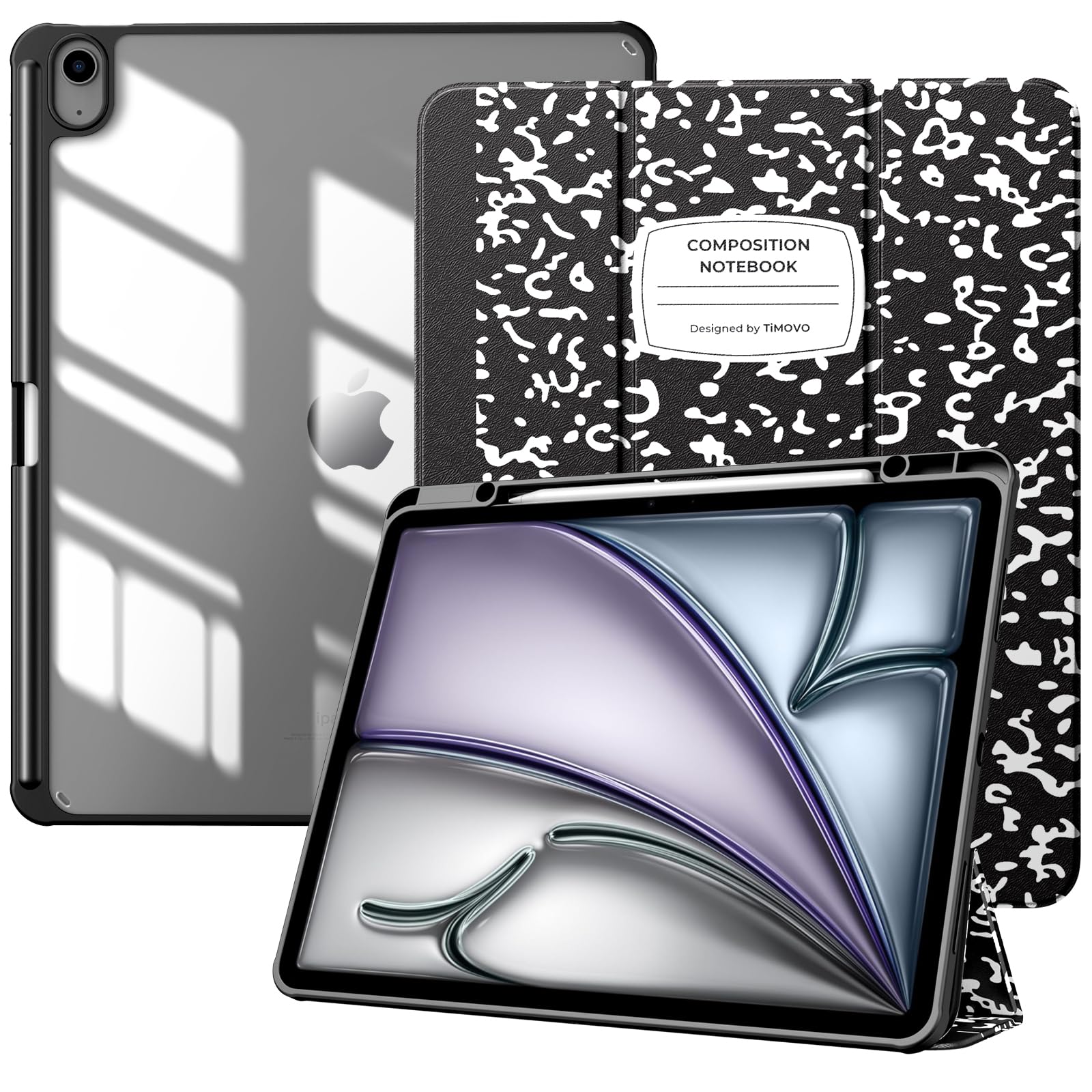 TiMOVO Hülle für New iPad Air 13 Zoll (M4/M3/M2-2026/2025/2024), Schutzhülle mit Stifthalter, Schlank Ständer Schutzhülle mit Klarer Transparent Rückseite, Auto Schlaf/Aufwach,Schwarzes Notizbuch