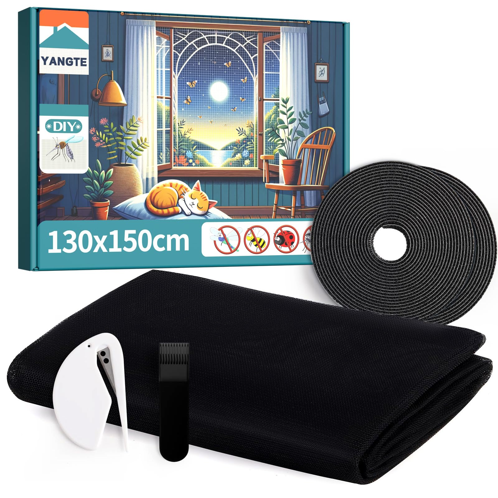 YANGTE 2 Packs Fly Screens for Windows, Window Netting for Insects 130x150 cm, with 2 Rolls Stronger Self-Adhesive Tapes & Cutter, Black