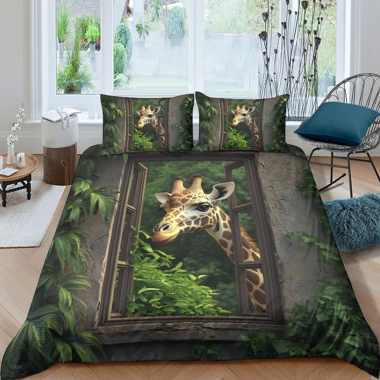 Ctjqhvkz Style-1 3D Printed Giraffe Forest Window Fitted Sheet Microfiber Soft Anti-Slip Bed Sheet For Bedroom Guest Room Decor Single（135X200cm）