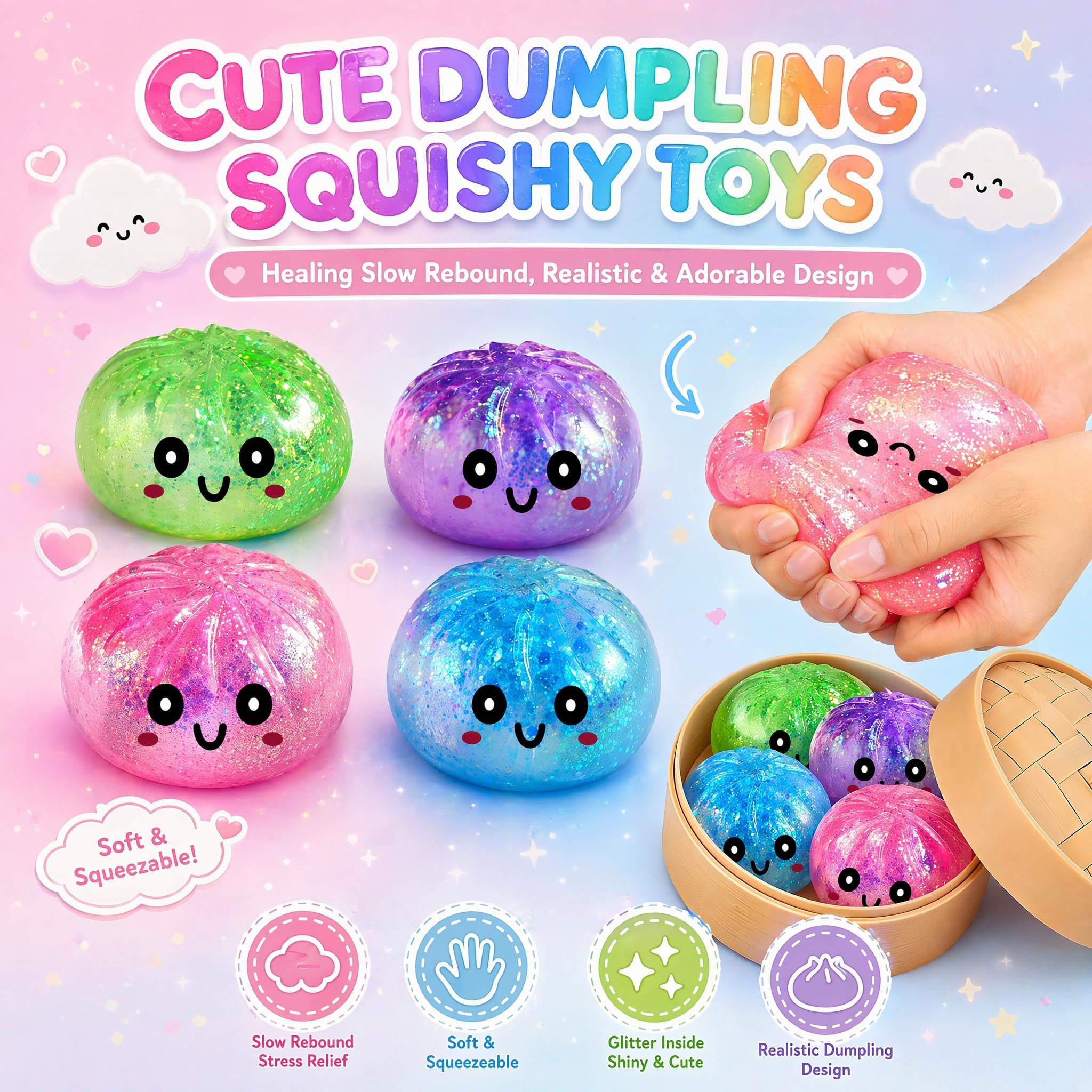 Dumpling Squishy, 4 Stück Glitter Dumpling Squishy Set | Anti Stress Bälle Fidget Spielzeug für Kinder Erwachsene, Dumplings Squishies Fidget Toys für Stress Relief, Fidgets Gifts