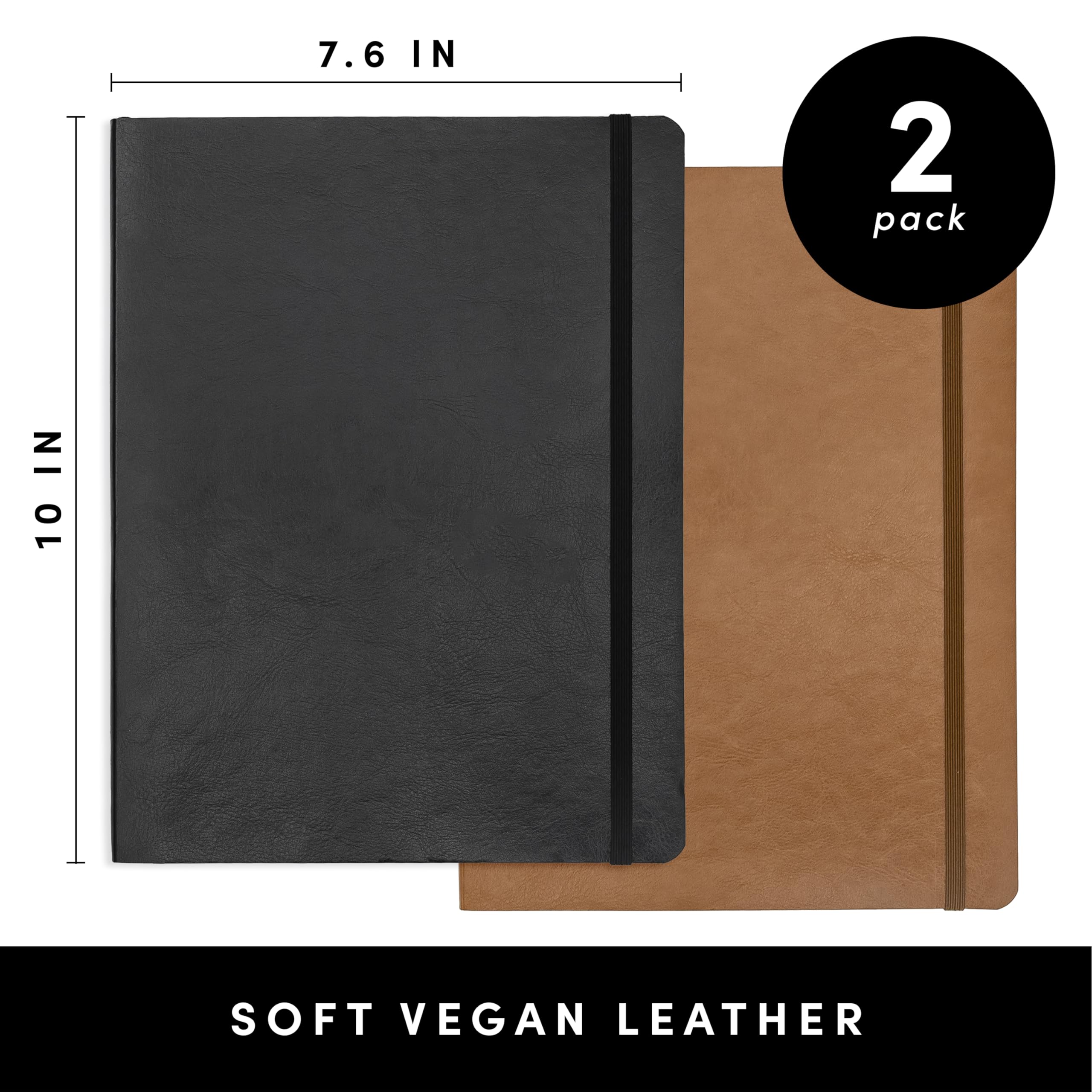 PAPERAGE Confezione da 2 quaderni a righe con copertina morbida (nero e cognac), 176 pagine, grande, formato B5, a righe, 19,3 x 25,4 cm, carta spessa 100 g/m², in morbida pelle vegana, per casa,