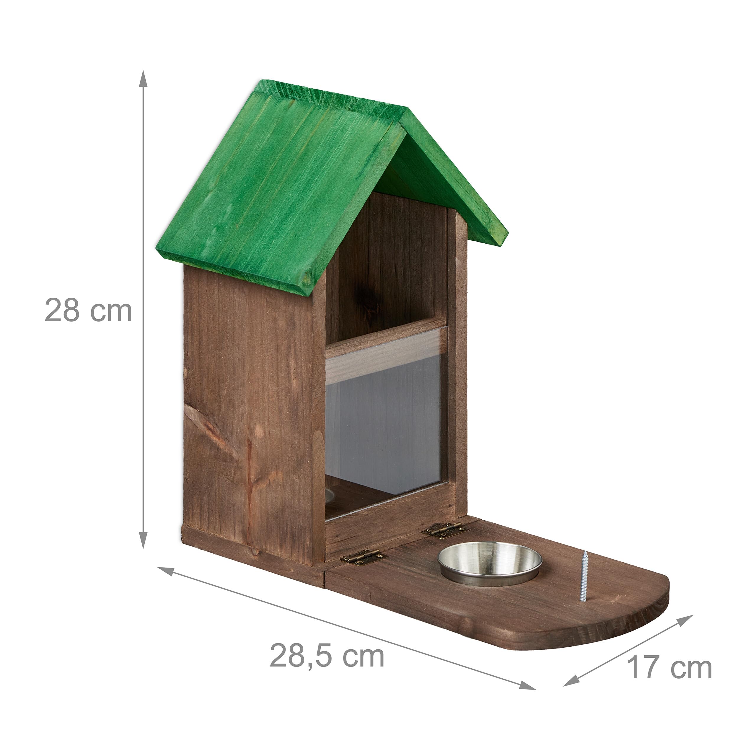 Relaxdays Mangiatoia per Scoiattoli, Casetta in Legno da Appendere, con Ciotola Acqua, HLP 28x17x28,5 cm, Marrone Verde