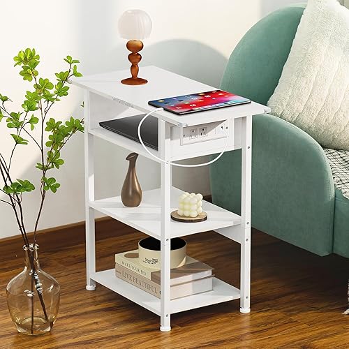Miniatura 6 de Lerliuo Mesa auxiliar con estación de carga, mesa auxiliar estrecha con puertos USB y tomas, mesita de noche blanca delgada con estante de