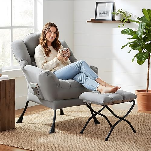Miniatura 2 de Silla Lazy con otomana, moderna silla de estar con almohada lumbar, sillón de lectura acogedor y reposapiés plegable para dormitorio, sala de estar,