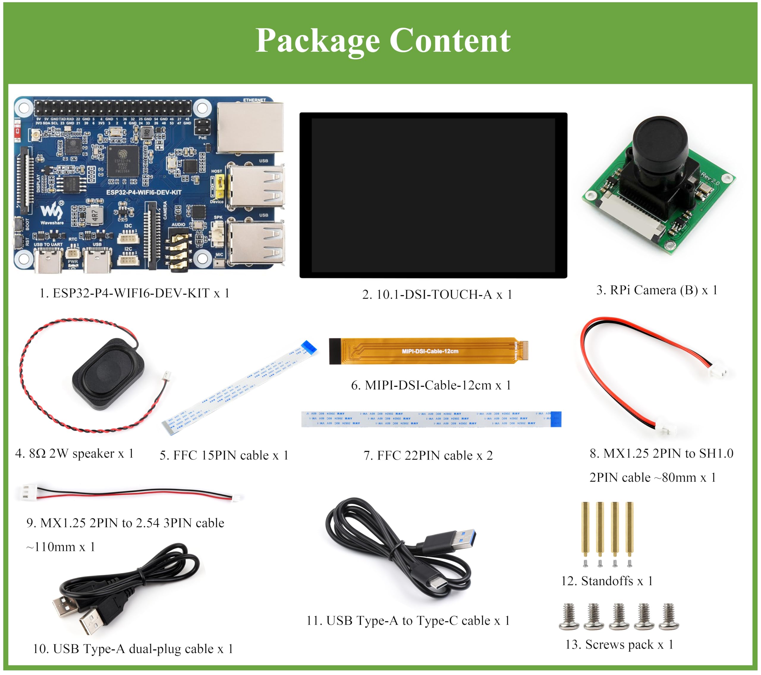 AI ESP32-P4-WIFI6-DEV-KIT Dev Board, Based On ESP32-P4 and ESP32-C6, Supports Wi-Fi 6/Bluetooth 5 / BLE 5, Supports AI Speech Interaction, with Camera, Speaker, 10.1inch DSI Touchscreen,14 Items