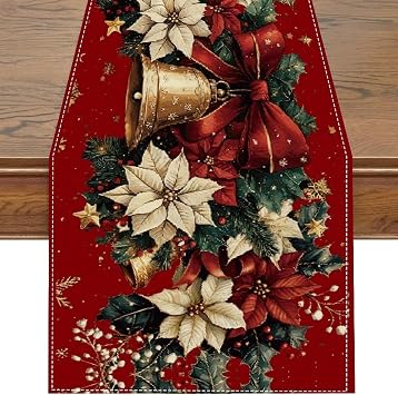 Christmas Table Runner 33 x 183 cm, Red Christmas Table Runner, Xmas Bells Poinsettia Flowers Table Decoration for Xmas Holiday Seasonal Home Party Decor