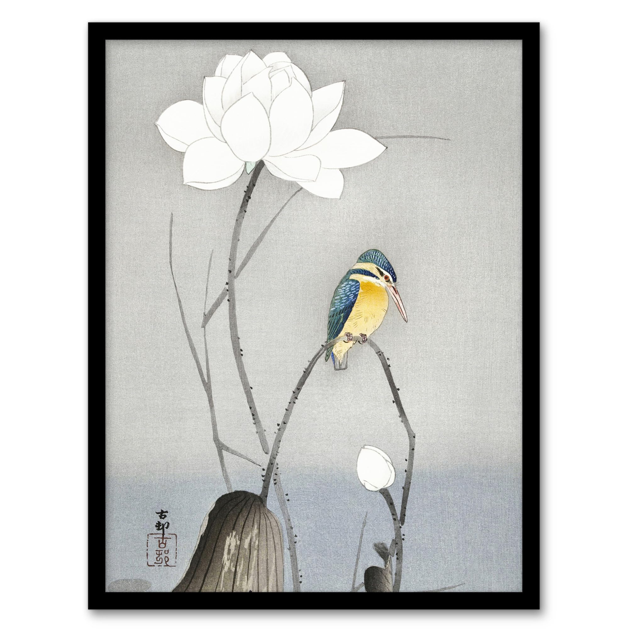 Artery8 Ohara Koson Kingfisher With Lotus Flower Framed Wall Art Print Home Décor A3