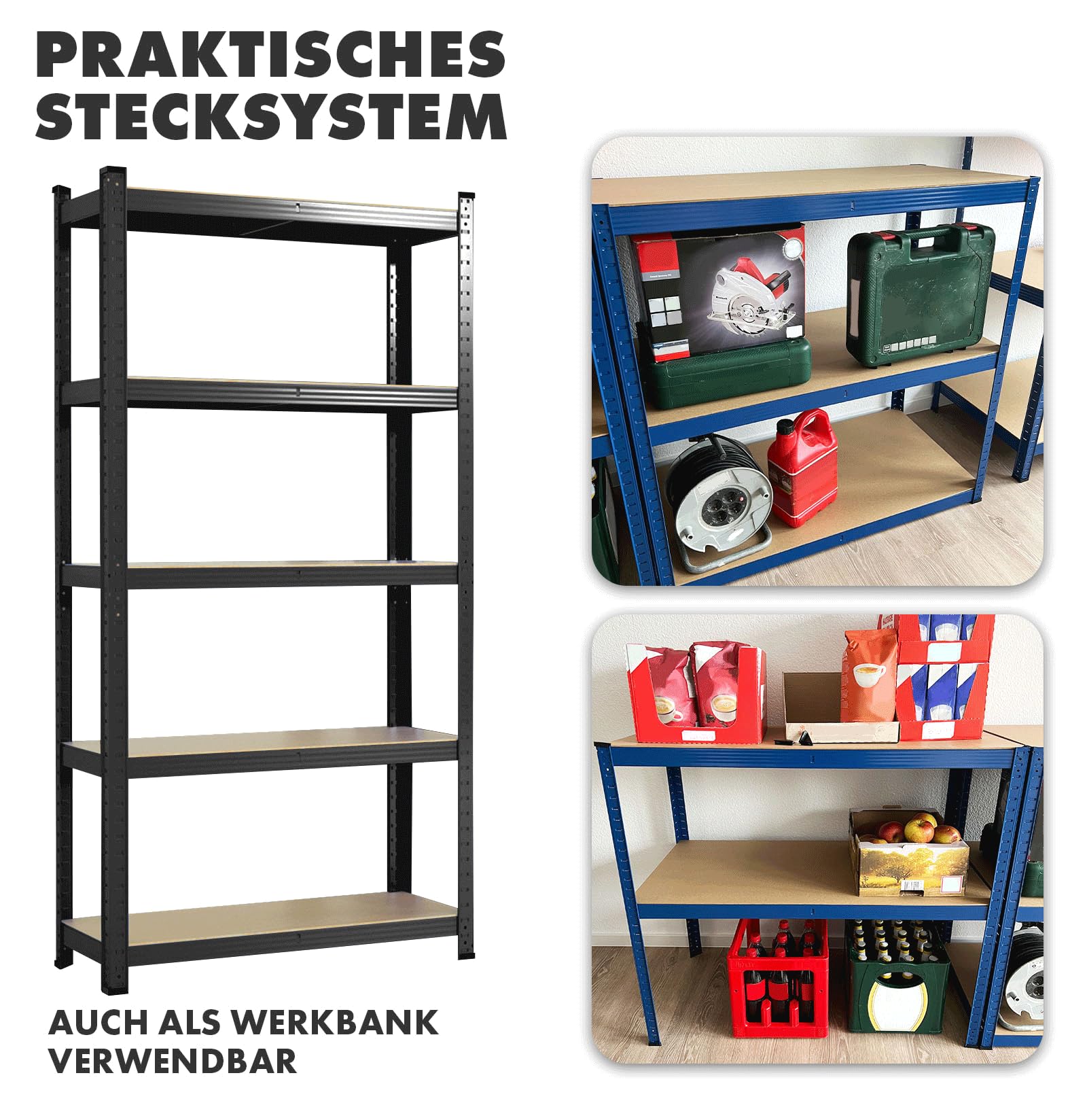 KARAT Regał do dużych obciążeń, zestaw 2 szt. – regał wtykowy, do piwnicy, regał magazynowy – 5 regulowanych półek (czarny, 50 x 100 x 200 cm)