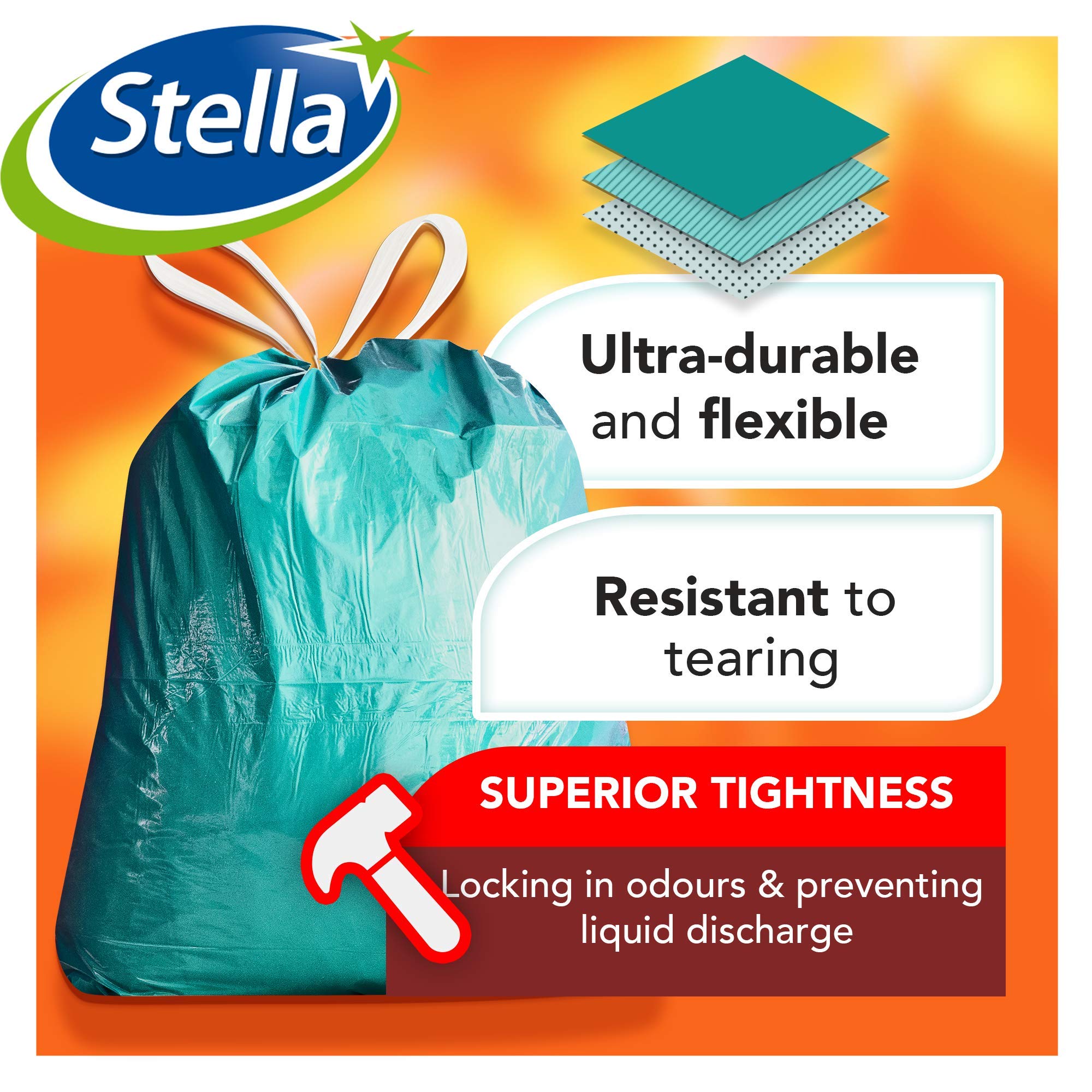 Stella Pack Sacs Poubelle 60l Écologiques Durables et Recyclables Avec Lien Parfumés Résistants en Plastique Pour Déchets Mint 40 Pcs Forte Tenue Facile à Fermer, 60 litres en