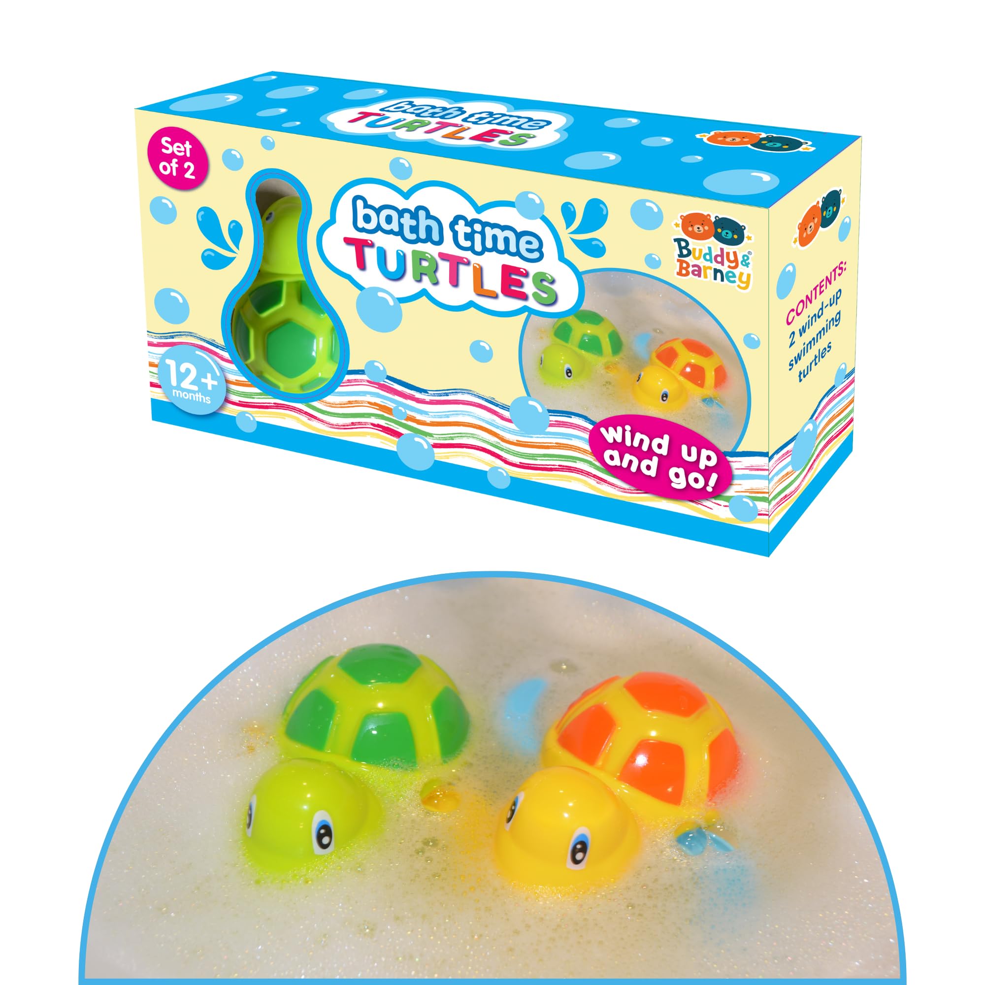 Buddy & Barney Bath Time Swimming Turtles Wind-Up Bath Toys for Kids – Floating Turtle Bath Toys, Interactive Swimming Water Play Set for Toddlers Baby Boys Girls (2 Pack Sensory Bath Toys)